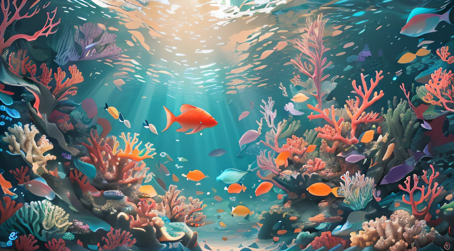 Conceptual art of marine life, Undersea landscape, Marine life,Beautiful coral reefs come in different shapes, 。.。.。.3D,, The fish, Female animated fantasy illustration. Long white hair scattered in the sea, drift, Very harmonious. The whole painting adopts a messy and imaginative style. Colors are bright and saturated, line sleek. The mystery and beauty of the ocean, The painting depicts an underwater world full of life and vitality, Animated art wallpaper 8K