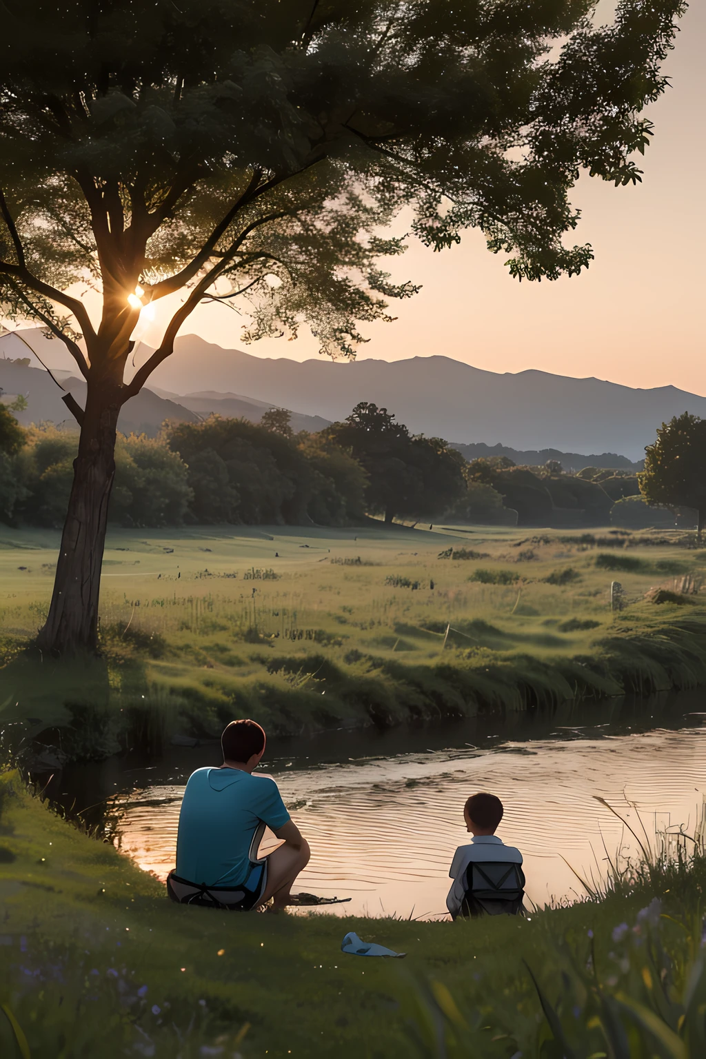 The back view of father and son camping in the countryside on the bank of the river in sunny high-definition detail