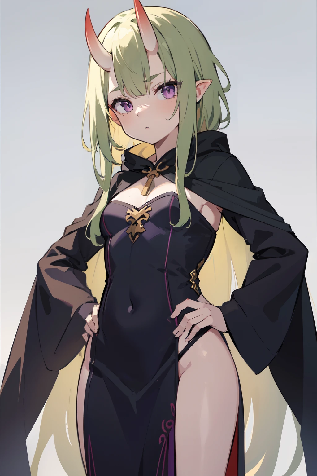 masterpiece, best quality, 4k, 1girl, solo, beige hair, light green hair, long hair, open forehead, purple eyes, small breasts, oni girl, oni horns, serious, neutral, black cape, hood, dress, covered clothes, old fashion, mysterious, standing, hands on hips, looking at viewer, white background, simple background, transparent background
