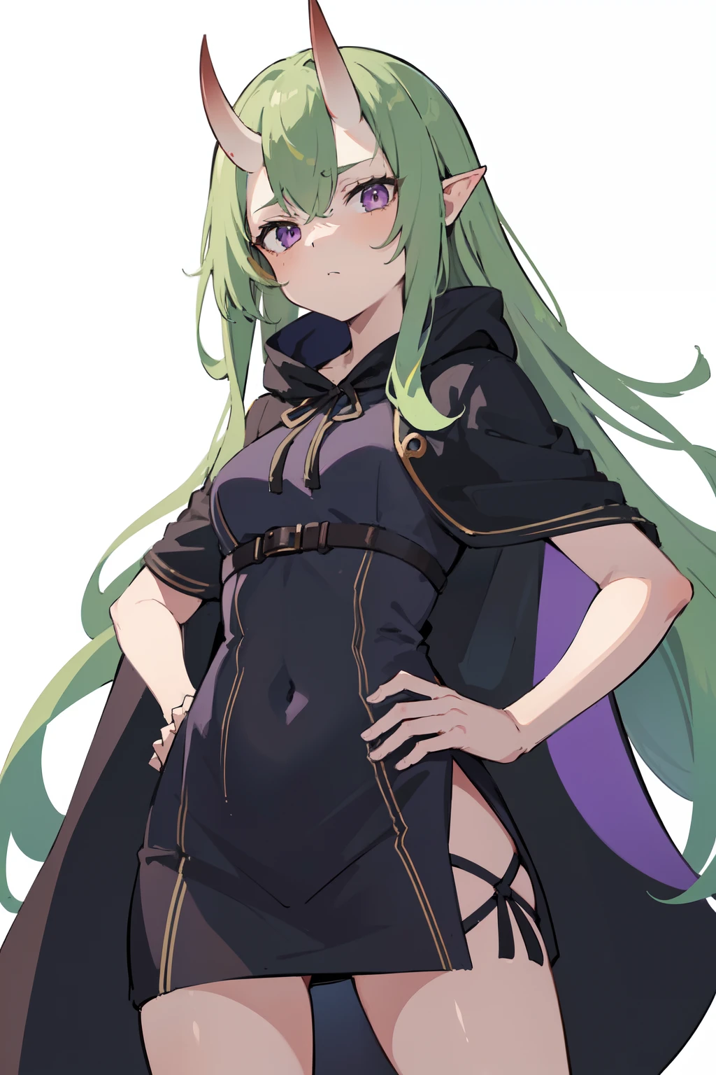 masterpiece, best quality, 4k, 1girl, solo, beige hair, light green hair, long hair, open forehead, purple eyes, small breasts, oni girl, oni horns, serious, neutral, black cape, hood, dress, covered clothes, old fashion, mysterious, standing, hands on hips, looking at viewer, white background, simple background, transparent background
