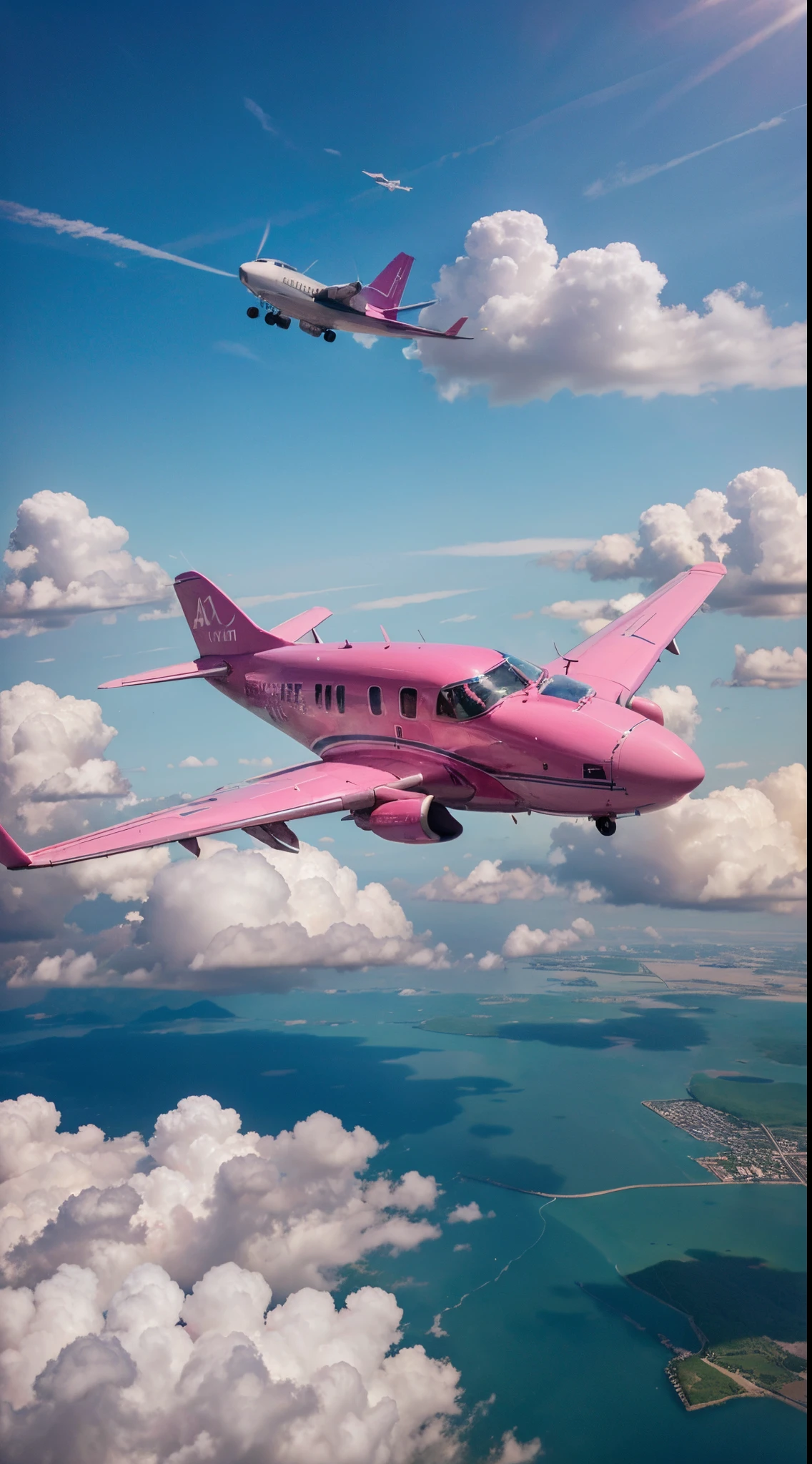an airplane in a sky full of clouds, pink and blue colors, dreaming, 4k, vibrant colors