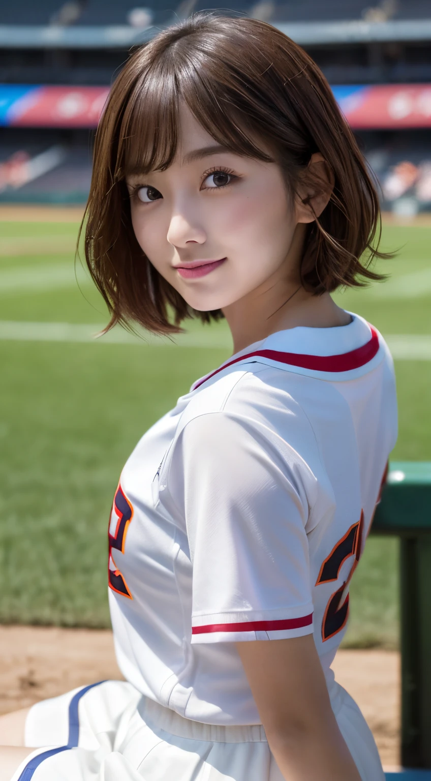 (top-quality,8K picture quality,masterpiece:1.3,),(超A high resolution:1.3,Photorealsitic:1.4,Raw photography:1.2),(ultra-detailliert:1.2,shinny skin,Detailed skin:1.1),(Detailed face,Perfect Anatomy,Caustics:1.2),(Girls cheering at the stadium:1.2),(Stand seats:1.1),(sitting in the seat:1.2),(Sideways face:1.2),(captured from behind:1.1),(sports ground),composition from the waist up,kawaii,japanes,22year old,Japanese ido,Natural brown hair,Curl short hair outward,Pretty eyes,natural make up,A smile,large boob,Oversized Baseball Uniform Shirt,White skirt,Professional Lighting,natural soft light,