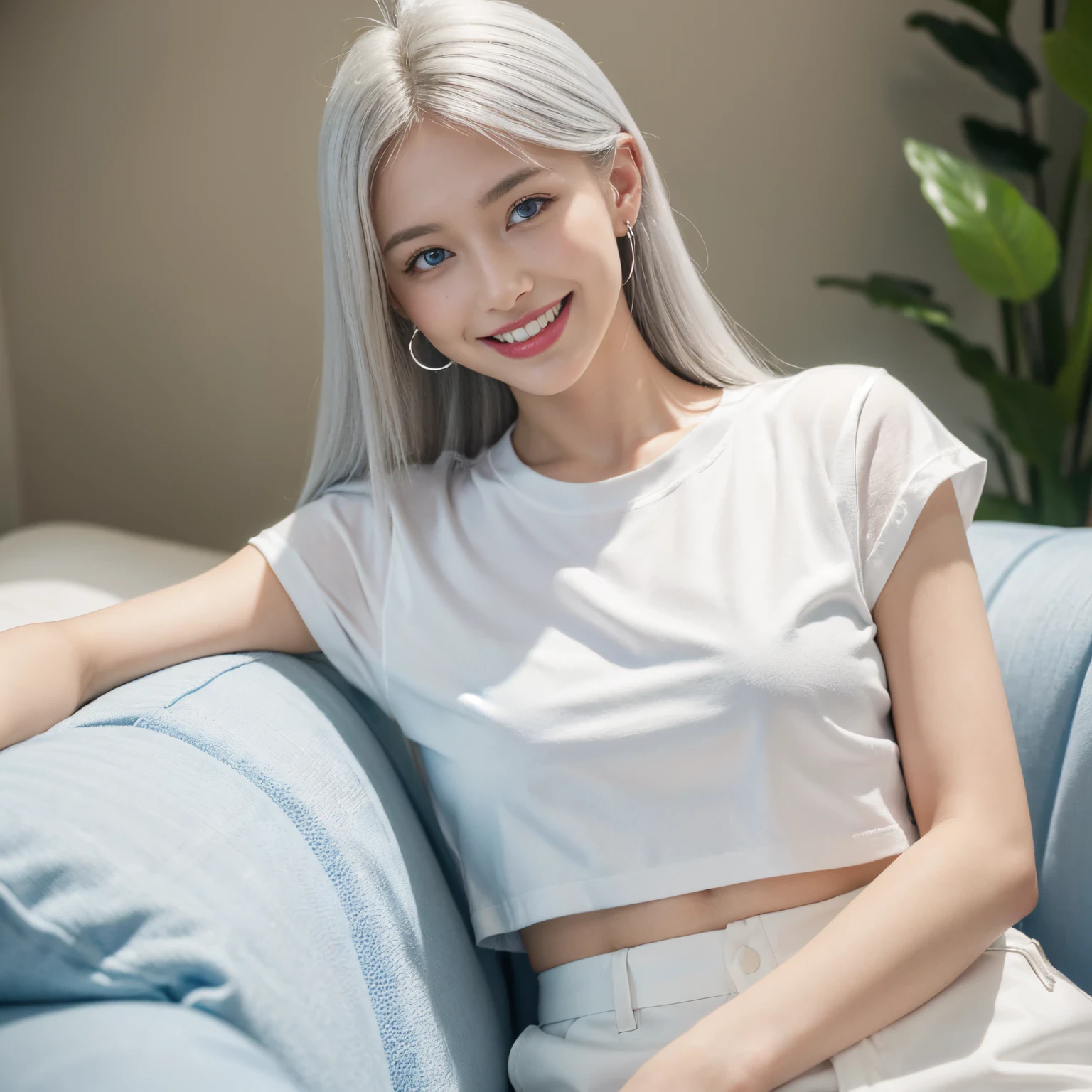 ((top-quality、8K、masterpiece:1.3))、。 40k、a picture、masterpiece、top-quality、、((One girl with blue eyes、She has a beautiful face))、White sofa、Holding a toothbrush、A smile、Innocence、Ad styles、teeth whitening commercial、((White teeth:1.4))、white t-shirts、White pants、Realistic hair quality、Texture