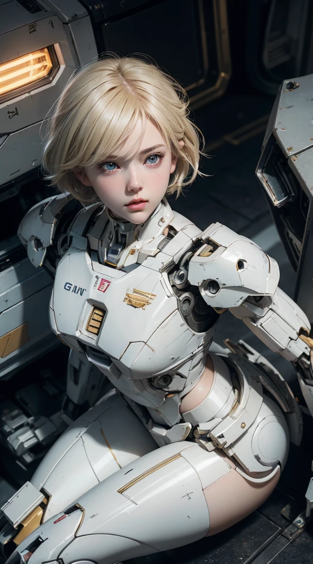 Beautiful young girl, short hair, blonde, beautiful eyes, beautiful face, raw photo, 8k, high detailed, (gundam), pale lips, white skin, textured skin, (beautiful cyborg woman), (pretty girl), mecha cyborg girl battle mode, girl with a mecha body, she wears a futuristic gundam mecha, full body shot