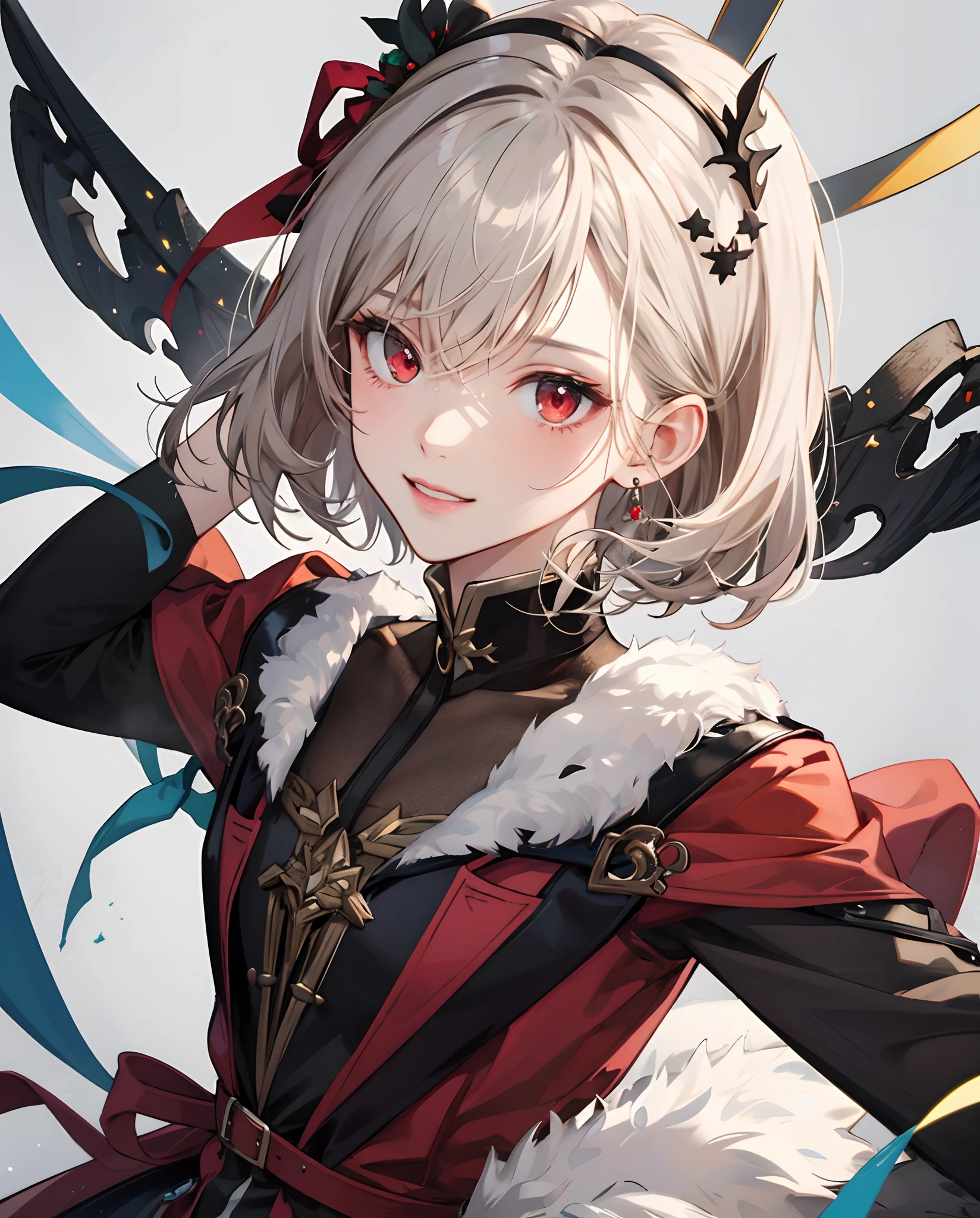 ​masterpiece、top-quality、超A high resolution、2D Beautiful Girl、animesque、teens girl、greyt hair、short-haired、christmas ornament hair ornament、Beautiful red eyes、The clothes are also depicted in detail、Eyes are depicted in detail、The face is depicted in detail、sorcerer、soio、Gentle smile、hair adornments、animesque、illustratio