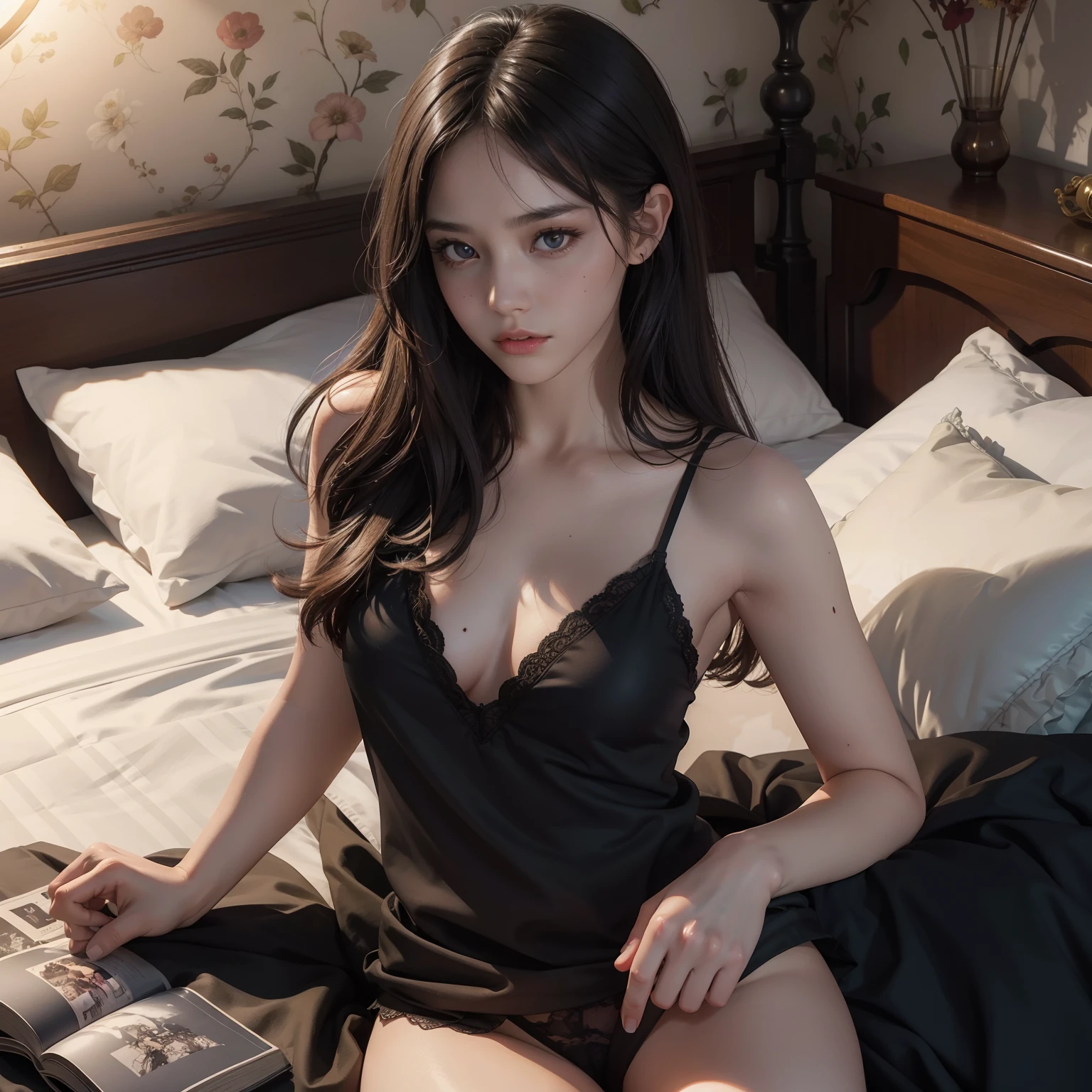 (Hyper-realistic), (Illustration), (High resolution), (8K), (Extremely detailed), (Best Illustration), Yol ( chain saw man ), (Beautiful detailed eyes), (Best Quality), (Ultra-detailed), (masutepiece), (Wallpaper), (Detailed face),(Accurate Hand Modeling),Solo, Upper body, Focus on Face, 1 girl, Long Black Hair, Korean, Thin eyeshadow, A detailed eye, Brown eyes, Small moles under the eyes, very slender legs,Small breasts,Smaller chest,Black knee socks, morpheus,Sleeping Girl,low illuminance, Night, Dark,a dark night,sleeps in a bed,Naked,angry,M-shaped legs,Shoot a girl from right above the bed、Mangli return,Clitoral massage,All ,Intense Sex,Shameful face,The girl looks away,