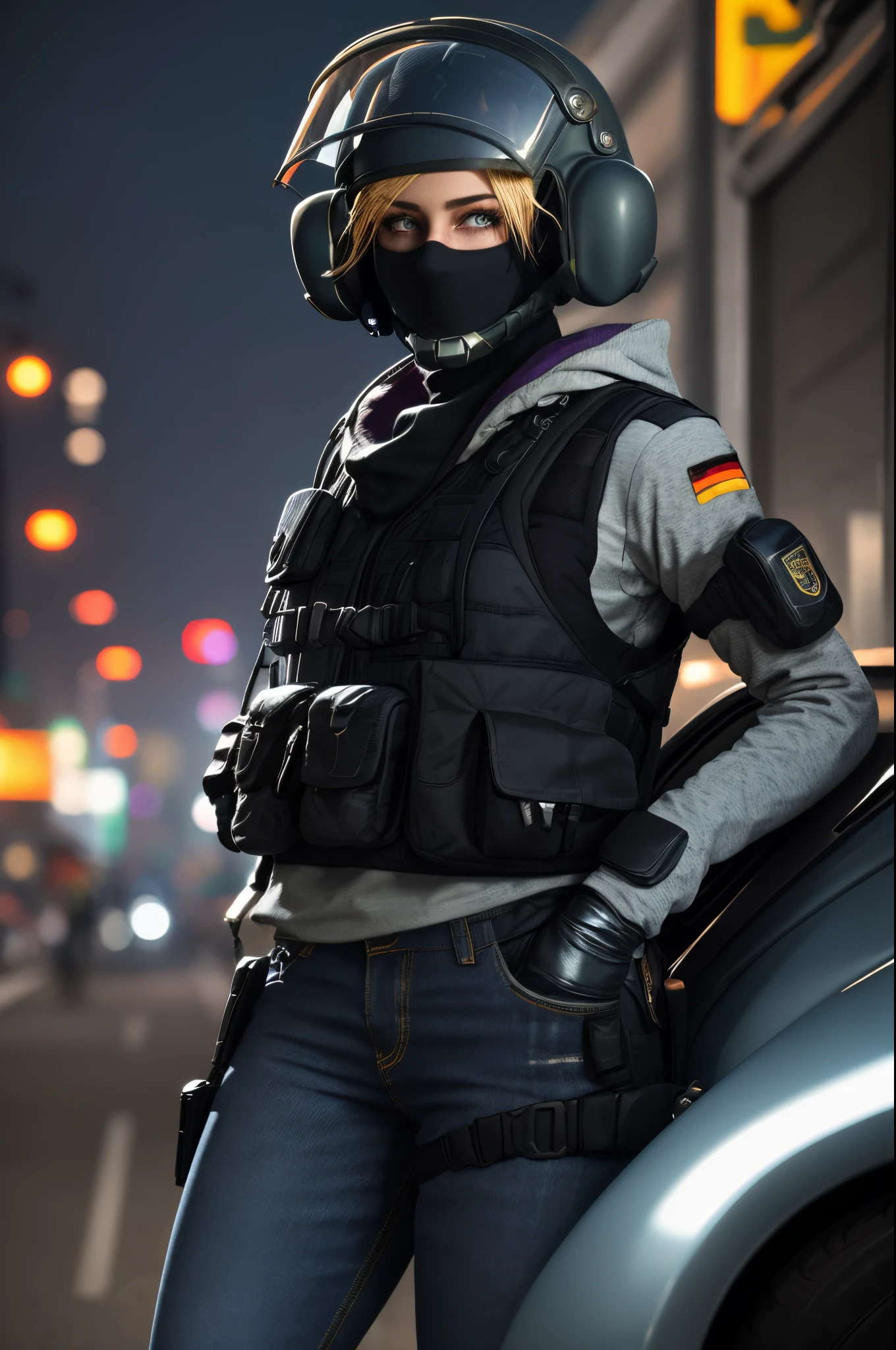 (masterpiece, best quality:1.2), iq (rainbow six siege), 1girl, solo, breasts, gloves, mask, helmet, pants, police, bulletproof vest, holster, police uniform, blue pants, vest, uniform, walkie-talkie, black gloves, denim, long sleeves, thigh holster, outdoors, blonde hair, blue eyes, short hair, resting against a vintage sports car, city lights illuminating the night, an air of sophistication