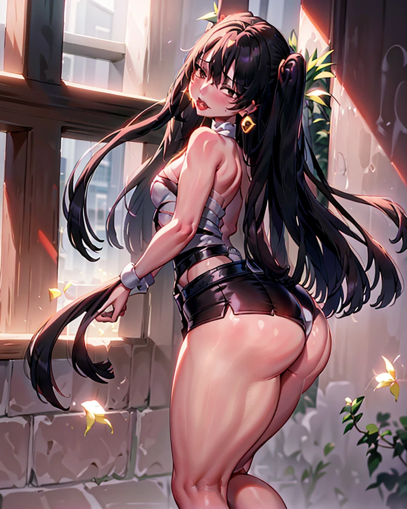 (8k, best quality, hires, shining body, shining skin,beautiful, (masterpiece:1.2), (best quality:1.2), perfect lighting),1girl, yuni_nikke, yunifx, belt, black choker, brown eyes, black skirt, large , hoop earrings, black hair, short white heels, full body image, front view, in miami