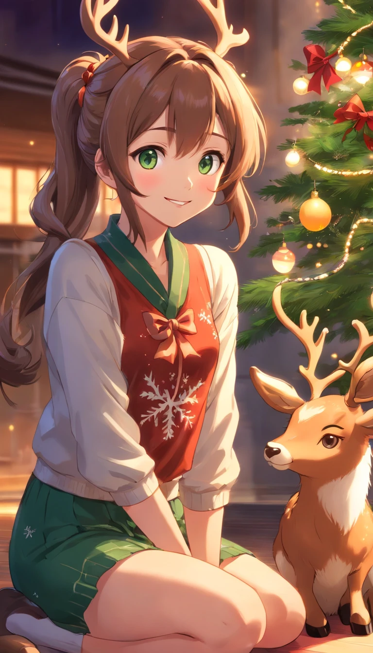 best quality, ((masterpiece)), highly detailed, seductive reindeer girl, smile, shy, double twisted hair buns, hair styled in loose waves, cute hair accessories, dress, jewelery, tail, sitting under christmas tree, deer ears, deer tail, light green floral pants, christmas lights, nice ass
