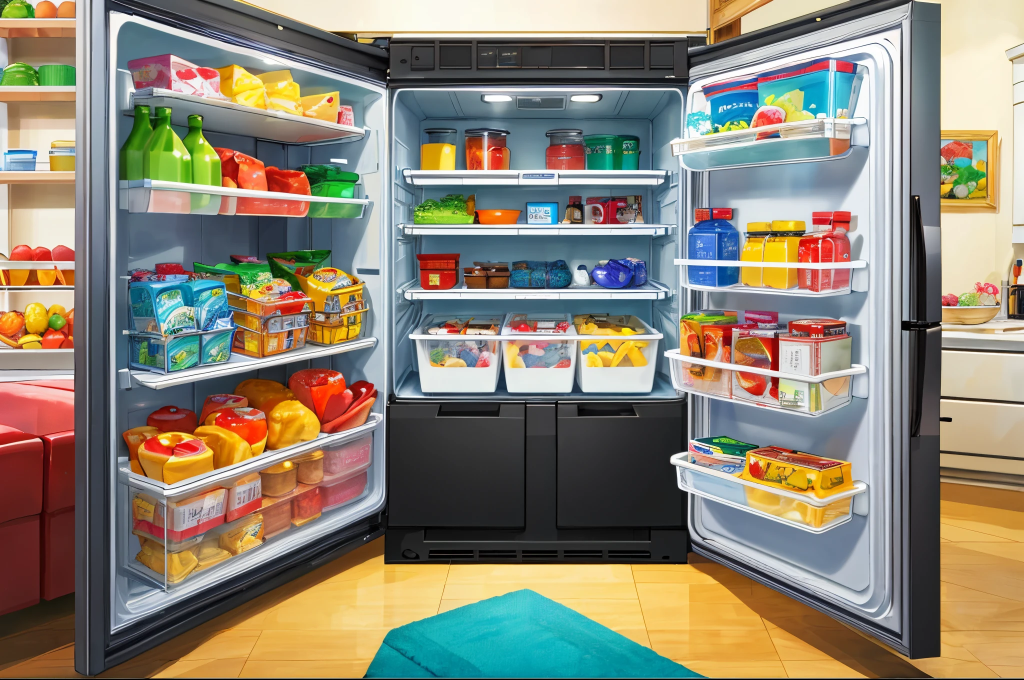 Make an anime picture of an elephant in the refrigerator