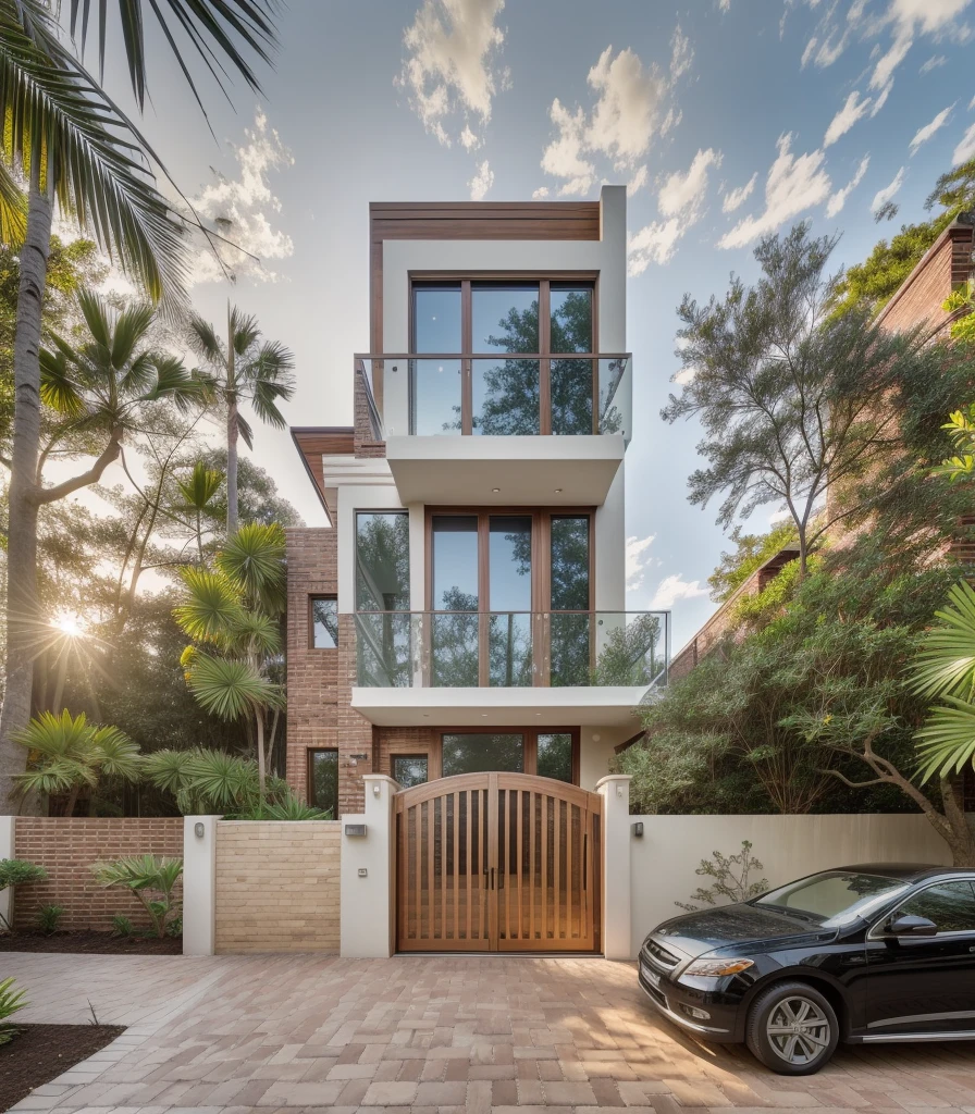 RAW photo,Masterpiece, high quality, best quality, authentic, super detail, townhouse, modern house,( brick wall:1.2) , glass windows, (wooden ceiling:1.1), railing glass, gate, fence, (curve:1.1),tropical trees, day, beautifu sky, (high detailed :1.2), 8k uhd, dslr, soft lighting, high quality, film grain, Fujifilm XT3