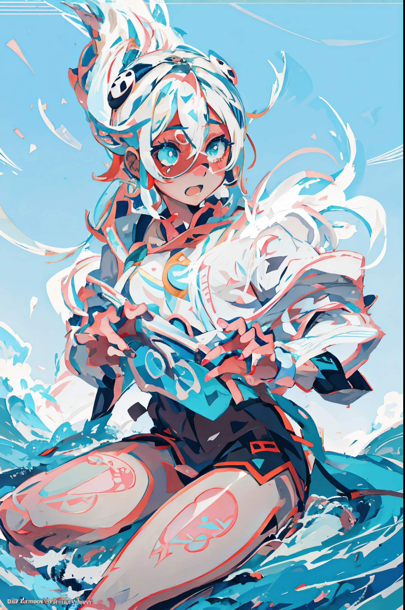 Anime girl sitting on a surfboard holding a controller, fleet collection style, 2 d anime style, splash ink art anime , heroes 2d fan art artstation, change, white cyan, Anime cute art style, art for the game!!, High quality anime art style, Digital anime illustration, the original god, Official artwork, aqua of konosuba, anime art style