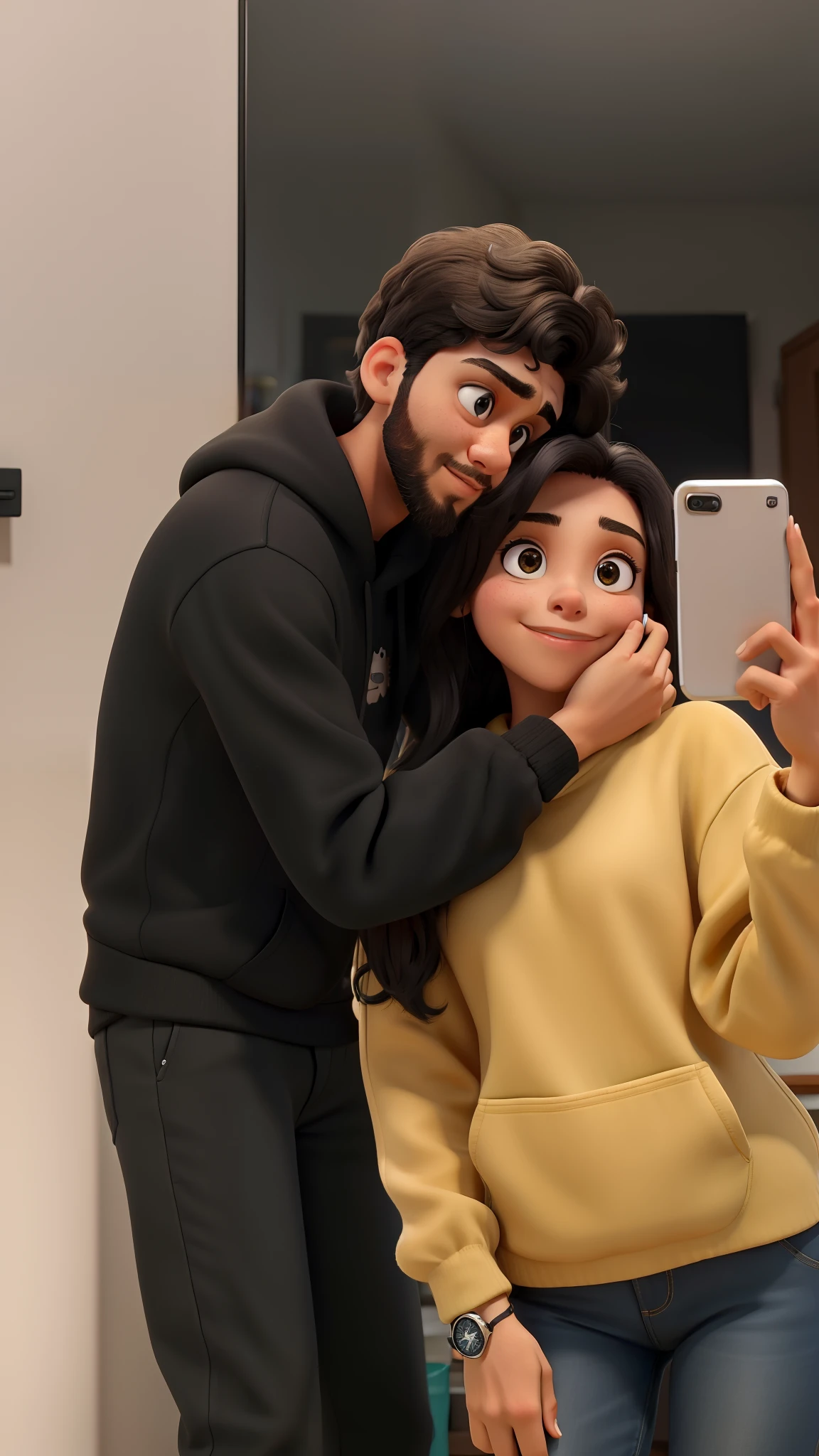 obra-prima, melhor qualidade, 1girl holding a cell phone to set fire to the mirror, com cabelo comprido e esticado preto, unhas compridas, casaclargo amarelo, with watch on wrist. 1boy com cabelo curto castanho encaracolado, barba, with black sweatshirt and black pants, a segurar na cara da .