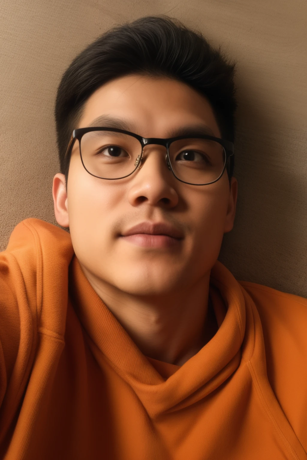 Andrew thomas huang, oval face, neat muscular, eyeglasses, lying on floor with orange cat