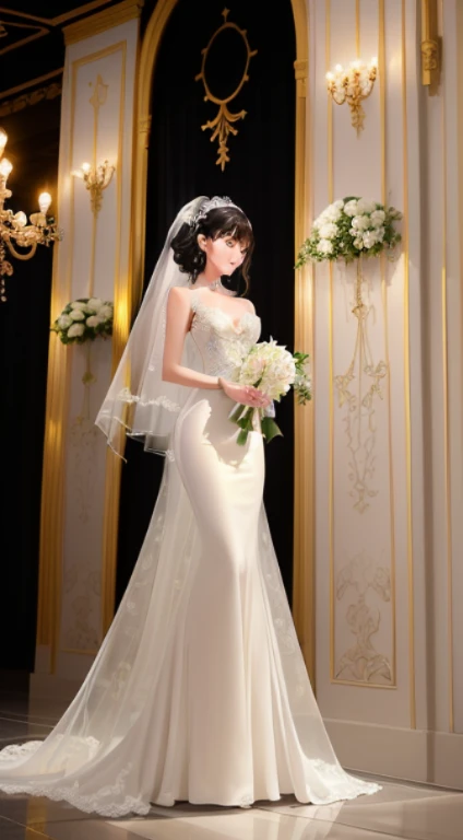 ((masterpiece、top-quality、hight resolution、))、delicate detail、intricate detailes、The best lighting、Beautuful Women、cute little、solo women、Beautiful black hair、((White luxury wedding dresses))、(((Full body like)))、((Standing posture))、Flower bouquet、wedding hall、((marvelous illustration))、(detailed splash)、8k wallpaper、((ultra-detailliert))、 ((extremely delicate and beautiful))、((Cinematic Light))、softlight、