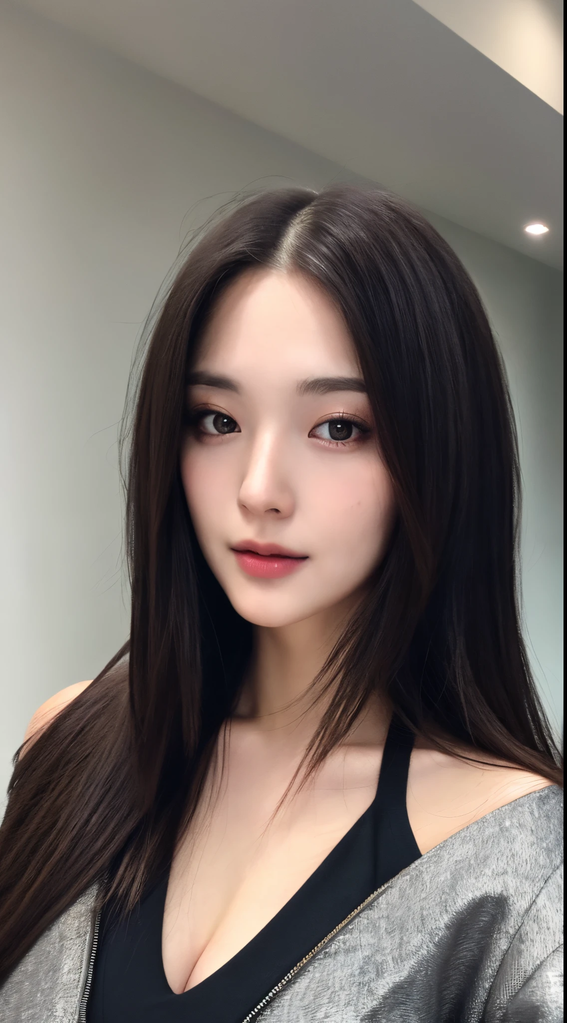 (1 beauty)shoulder-length hair,thin makeup,medium breasts size,Wear a half-jacket,self-shot,clear facial features of Canon EOS,8K high resolution,sharp and realistic details。