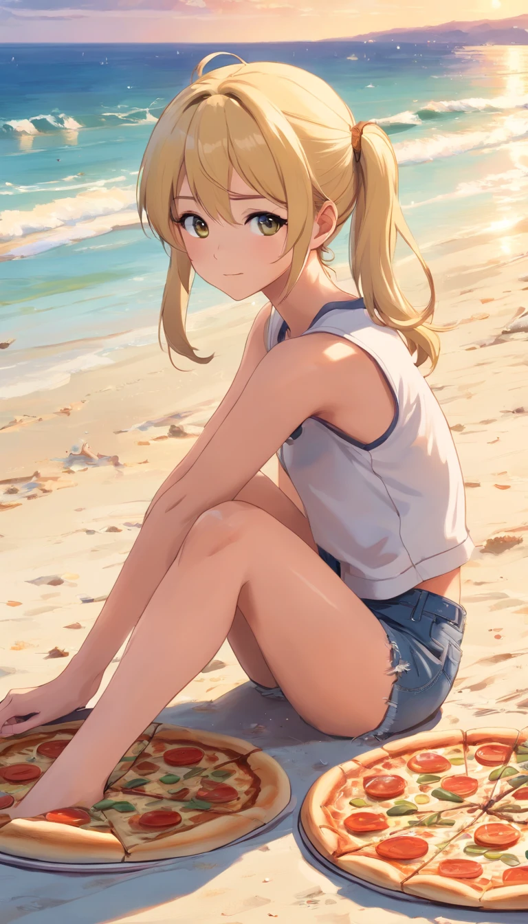 best quality, ((masterpiece)), highly detailed,gorgeous blonde woman sitting directly on pizza at on beach , twin pony tails, jean shorts