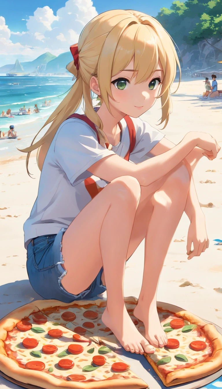 2D Anime Style、Blue eyes、breasts are slightly larger、A cool and beautiful adult woman with short blonde hair rolls up her skirt on the beach and shows off that she is not wearing underwear..、Almost naked.。she spreads her legs and looks shy..., Open the crotch with your hands and expose it..