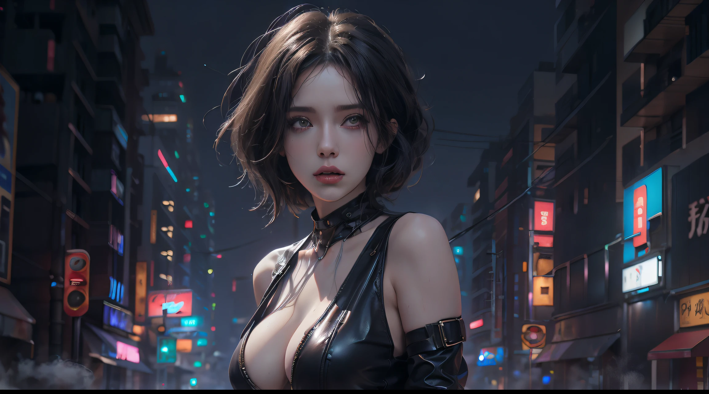 1个Giant Breast Girl,Solo,(3D realistic), Cold,mediuml breasts,(cleavage),tight leather clothes,cropped shoulders, hyper HD, 8K,dramatics,(Mid-range portrait),looking to the camera,The city of the future,street corner,the night,Sateen,volume fog,steamy,cyber punk perssonage