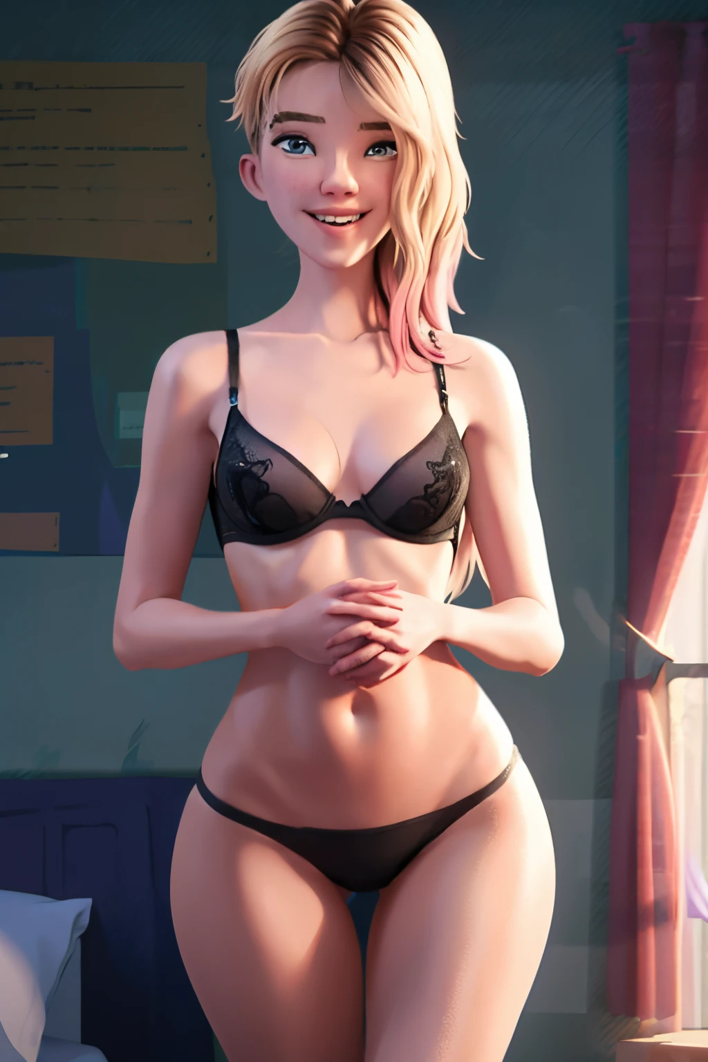 realistic, realism, photorealism, photo-realistic, high contrast, (photorealistic:1.4), (perfect female figure), 8k high definition detailed realistic, NSFW, (best quality, masterpiece:1.2),  photon mapping, radiosity, physically-based rendering, best quality, highly detailed, 1girl, ((underwear)), bedroom, ((bra)), ((panties)), abdomen, (nude), small boobs, thick thighs, long hair, looking at viewer, (lewd grin), hand in panties