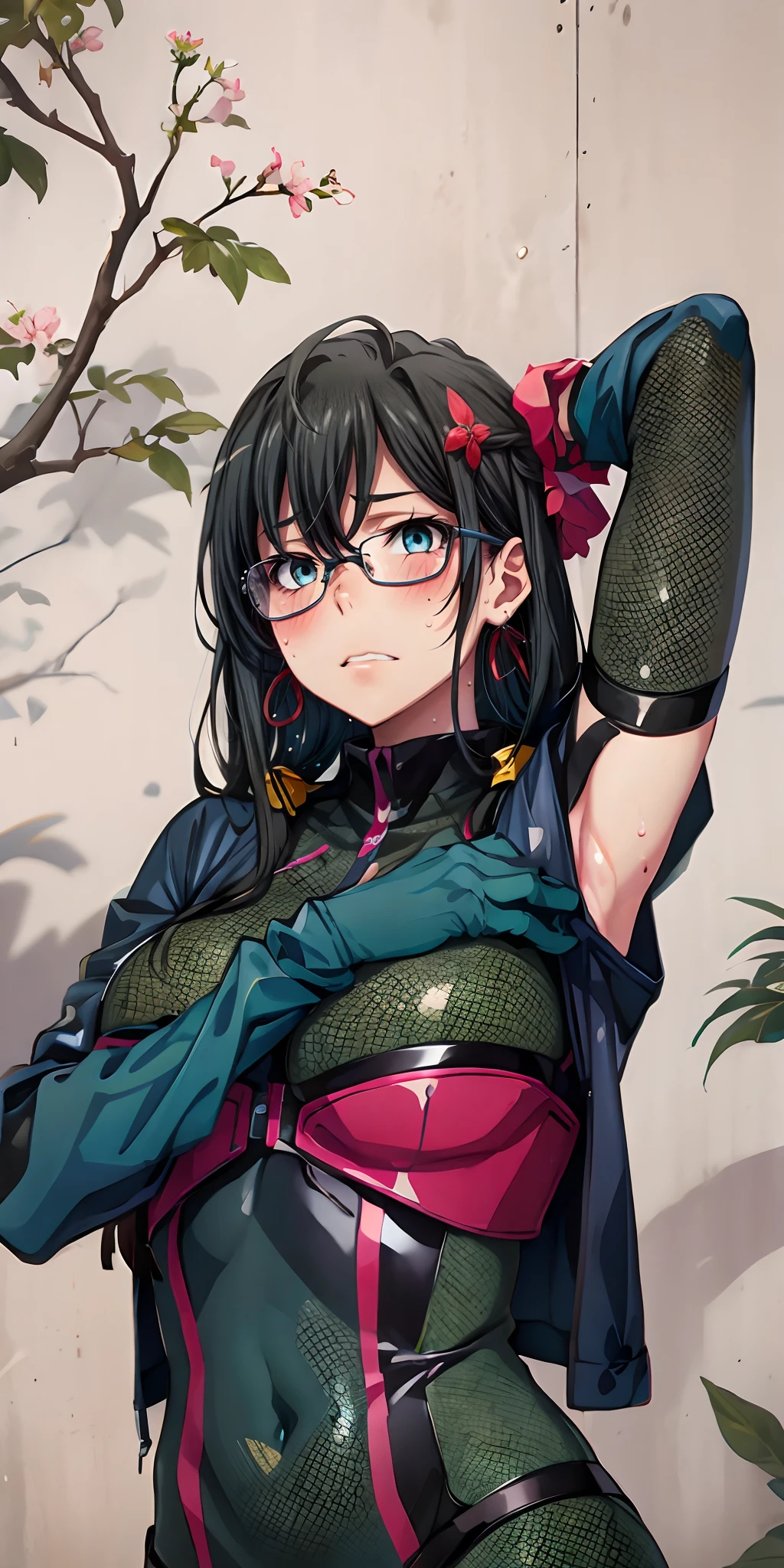 black hair, blue eyes, long hair, glasses, large breasts, 1girl, armpits, covered_navel, gloves, solo, elbow_gloves, flower, hair_ornament, breasts, bodysuit, looking_at_viewer, earrings, closed_mouth, large_breasts, blush, black_gloves, sweat, hair_flower, plant, jewelry, sweat, detailed skin texture, (blush:0.5), (goosebumps:0.5), subsurface scattering, "RAW candid cinema, 16mm, color graded portra 400 film, remarkable color, ultra realistic, textured skin, remarkable detailed pupils, realistic dull skin noise, visible skin detail, skin fuzz, dry skin, shot with cinematic camera",