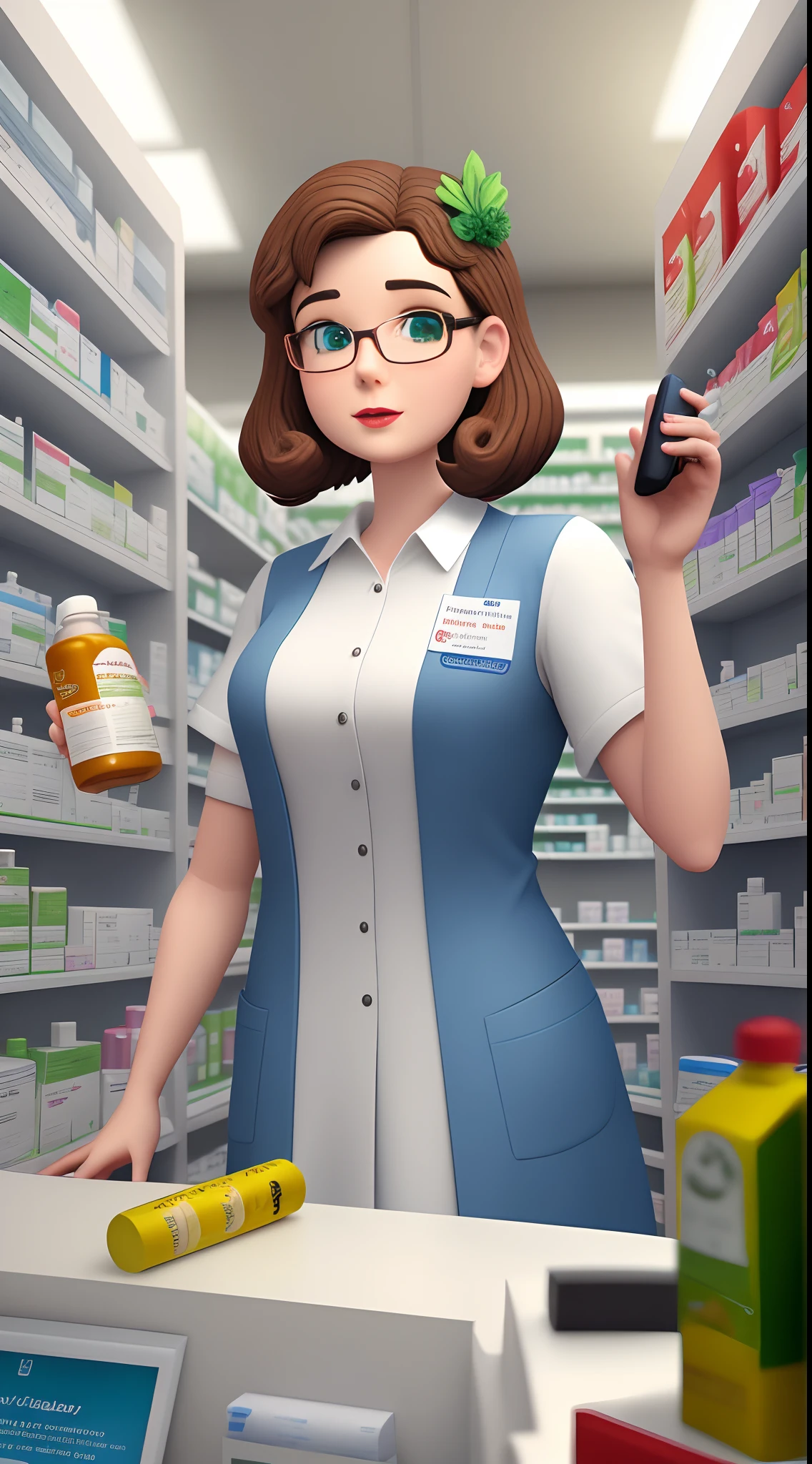 Emma Watson, masterpiece quality, realistic, lots of detail, studio lighting, in a pharmacy, chemistry equipment in background, long hair, wearing white lab coat, wearing green blouse, wearing khaki pants, wearing choker collar, big breasts, (big breasts:1.3), thin, (bare breasts:1.3)