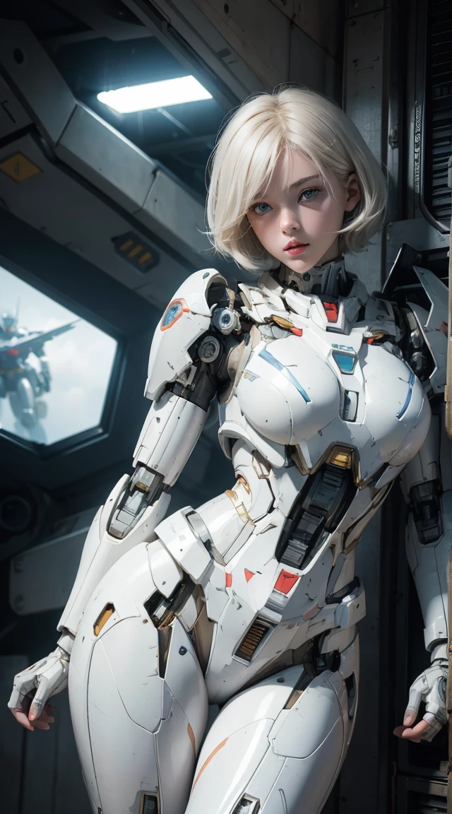 Beautiful young girl, short hair, beautiful eyes, beautiful face, raw photo, 8k, high detailed, (gundam), pale lips, white skin, textured skin, (beautiful cyborg woman), (pretty girl), mecha cyborg girl battle mode, girl with a mecha body, she wears a futuristic gundam mecha, full body shot