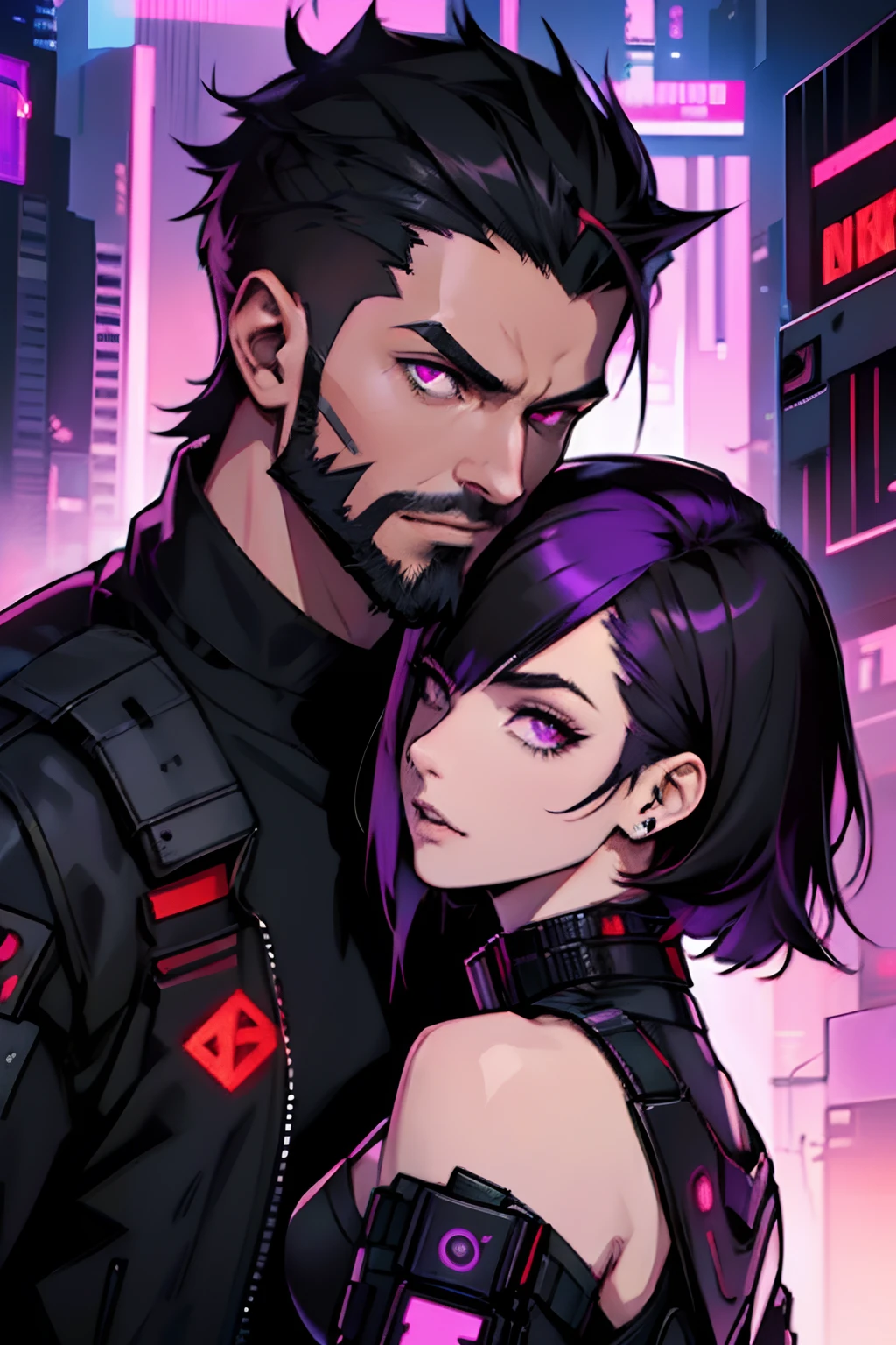 Couple, A brown, strong, cyberpunk, stylish man, red eyes, fire, very short black sidecut hair, and a beard. And a cyberpunk woman, gamer, programmer, medium black hair down to her shoulders with purple tips, purple eyes.