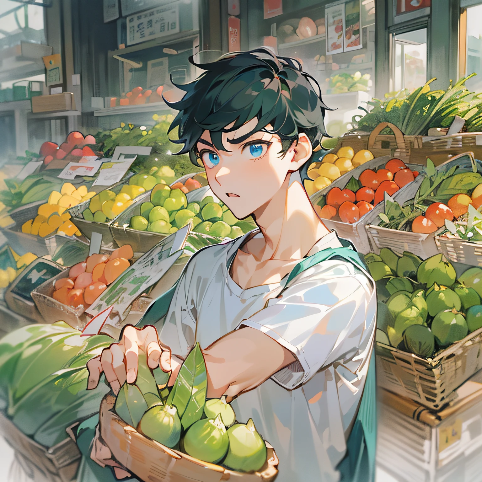 masterpiece、hightquality、20 year old man with short black hair and blue eyes、Like a cartoon in Japan、wearing white t-shirts、(Alone:1.5)、(serious facial expression:1.1)、(Close-up of your face:1.3)、(Only the upper body is shown.:1.3)、The background is a greengrocer、Bold composition、