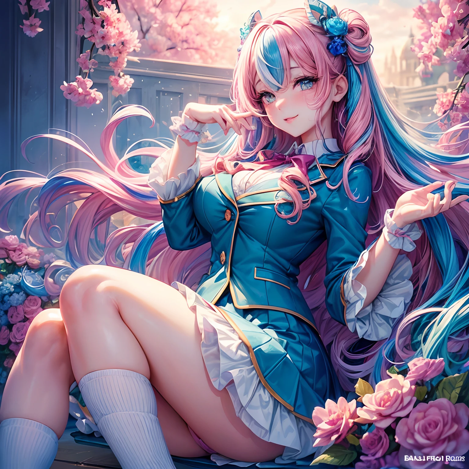 (Beautiful detailed eyes,Beautiful detailed lips,extremely detailed eye and face,longeyelashes,Cute girl in ribbon uniform,Cute uniform,Blazer,laughing loud,attractive girl,Best Quality,busty,masutepiece:1.2,stunning figure,Erotically cute,Ultra-high resolution,Gorgeous girl,Lovely girl,Multi-colored hair,Relaxation Socks,High resolution,gorgeous eyes,Perfect beauty) (​masterpiece、top-quality、top-quality、watercolor paiting(Curly)、Official art、Beautifully Aesthetic:1.2)、(２girl with:1.3)、(Fractal Art:1.3)、The upper part of the body、From Side、looking at the viewers、patterns、(rainbow-colored hair、colourful hair、Half blue and half pink hair:1.2)、４This refers to、Thumb joint、Eau、gases、云、colourfull、Soap bubbles、Deep kissing、I'm、violate、