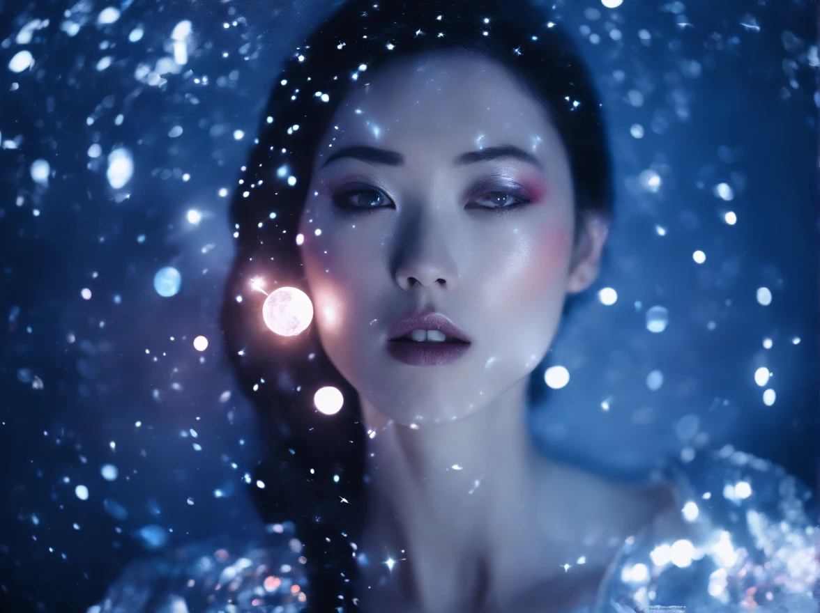diana frost beauty, in woods,flash photo, Being chased, Norinobu Shinoyama, play with light and shadow, Excessiveness, Surreal details, surrealist style image、