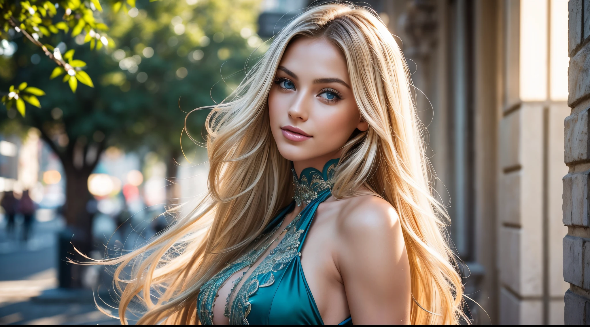 with long blond hair, Slim Body, (large full breasts:1.3), Fair skin, beautidful eyes, (Photo Photorealistic:1.4), Beautiful detail girl, extremely detailed eyes and face, Beautiful detailed eyes, Ultra-detailed, high resolucion, Top  Quality, ​masterpiece, highly detaild, 8K wallpaper, astonishing, delicate detail, Top  Quality, light on the face,cinematic lightings, 1girll,beautidful eyes, (Sexy Dress:1.3), hair blowing in the wind, sexy smile,Belgrade,a photo of, intricated details,Fine details,hyper-detailing,spawning,diffused soft lighting, Polaroid style,5D happy modern city street with clear sky,sun,clean air,green,harmony architecture,A feast for the eyes,Immerse yourself in the natural scenery...,