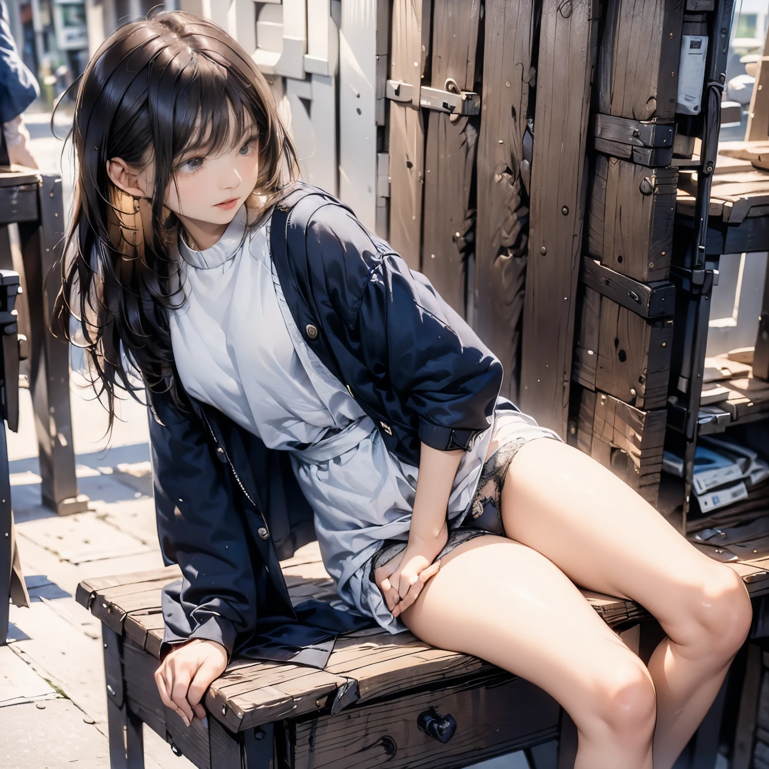 (long shot, looking away, shift character off center, draw the face precisely, cinematic perspective), (((Z stands for the corner edge of desk in this prompt))), (a white young lady puts her crotch on Z), wearing various jacket or dress, (wearing panties), she thrusts her crotch forward, (her crotch must be touching Z), she uses her crotch to push Z), open her legs, Includes crouching pose, (straddling on the Z), Z to the crotch, for masturbation, orgasm, The presence of pubic hair in the crotch, Extensive pubic hair, Pubic hair sticks out of panties, All connected pubic hair, (panties cover genitals), pinch nipple over clothes, see the skyscraper, outside, in front of some store,