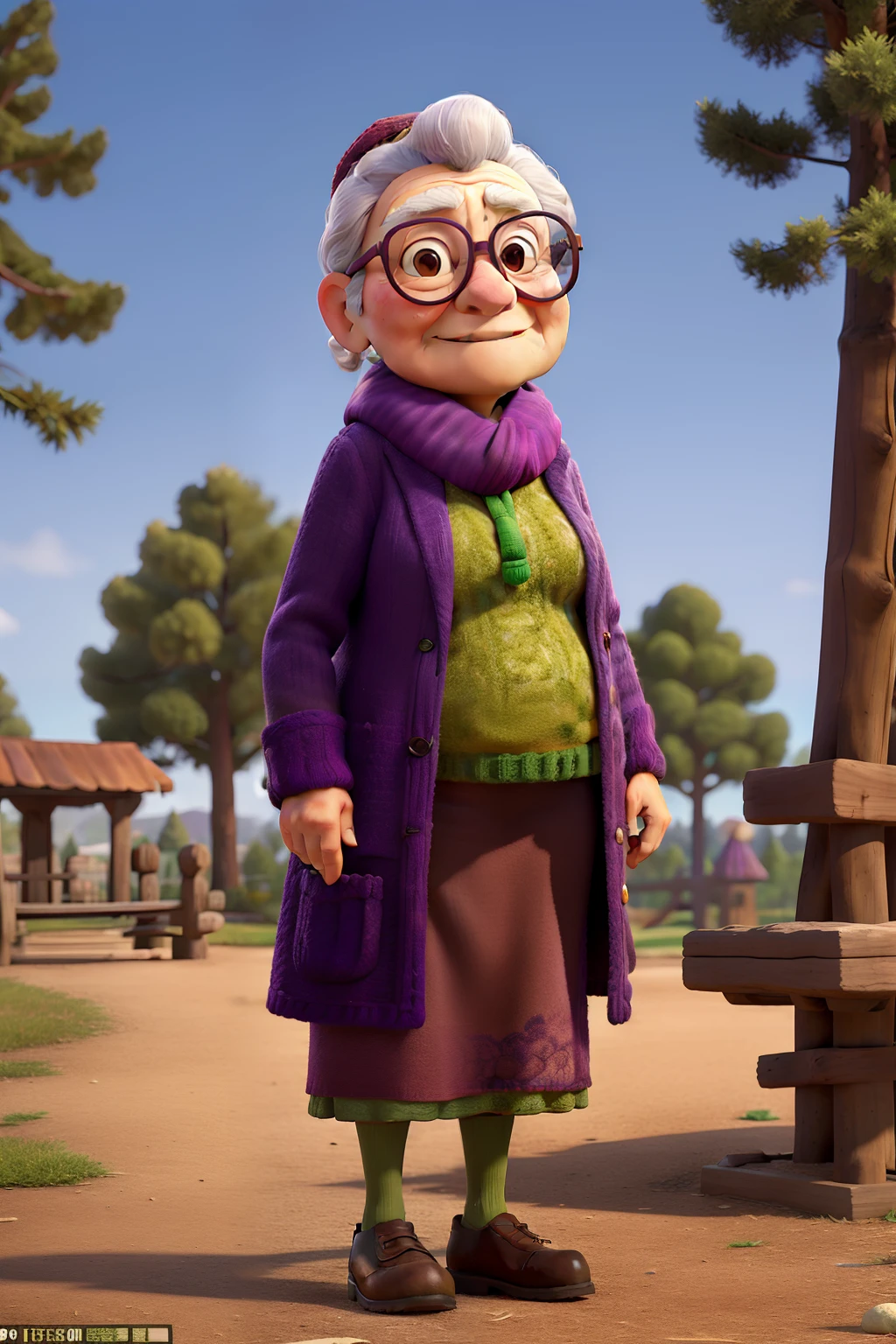 masterpiece, best quality, an old woman with glasses and a scarf on, wearing a purple coat and green scarf, standing at the park