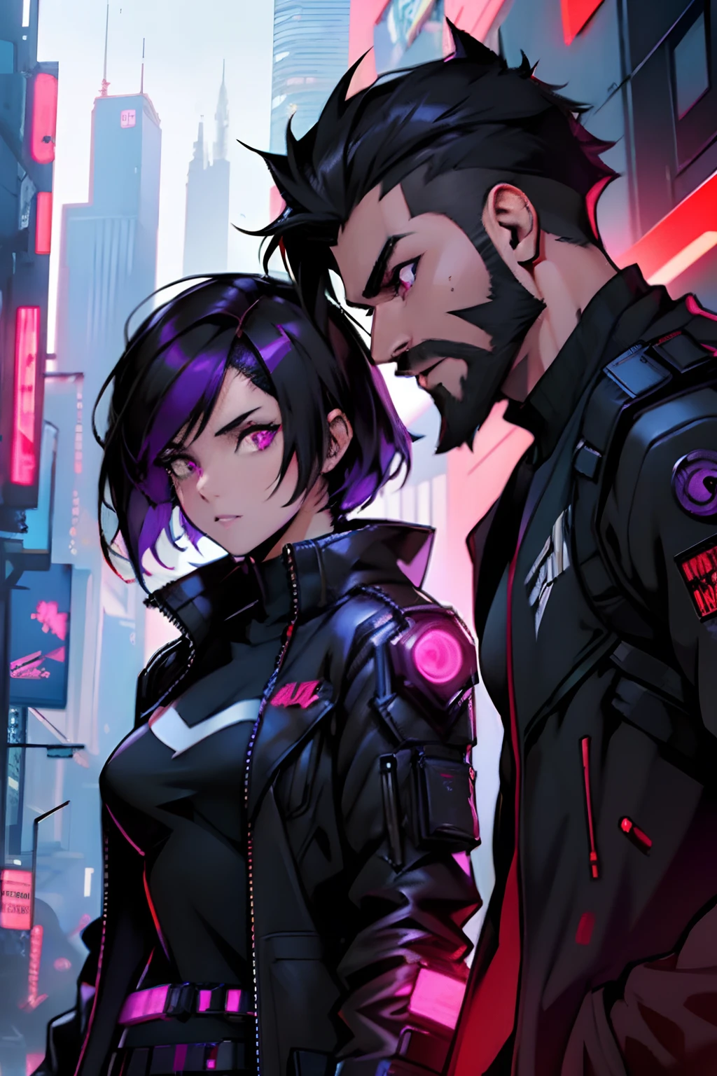 Couple, A brown, strong, cyberpunk, stylish man, red eyes, fire, very short black hair, and a beard. And a cyberpunk woman, gamer, programmer, medium black hair down to her shoulders with purple tips, purple eyes.