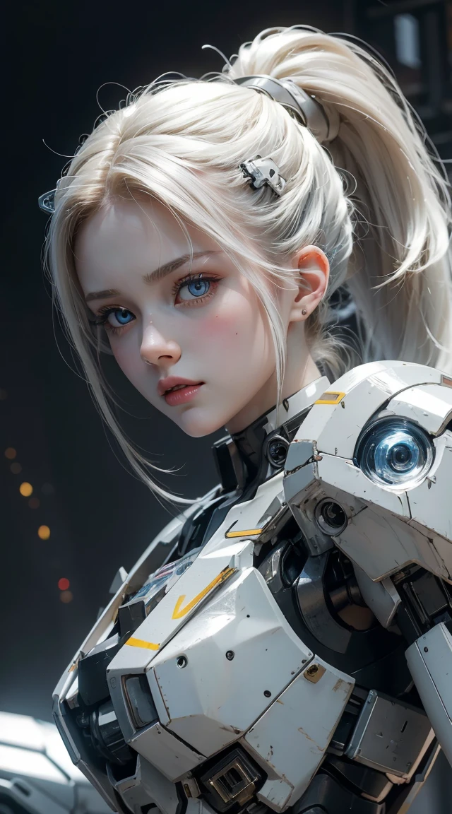 Beautiful young girl, ponytail hair, beautiful eyes, beautiful face, raw photo, 8k, high detailed, (gundam), pale lips, white skin, textured skin, (beautiful cyborg woman), (pretty girl), mecha cyborg girl battle mode, girl with a mecha body, she wears a futuristic gundam mecha, full body shot