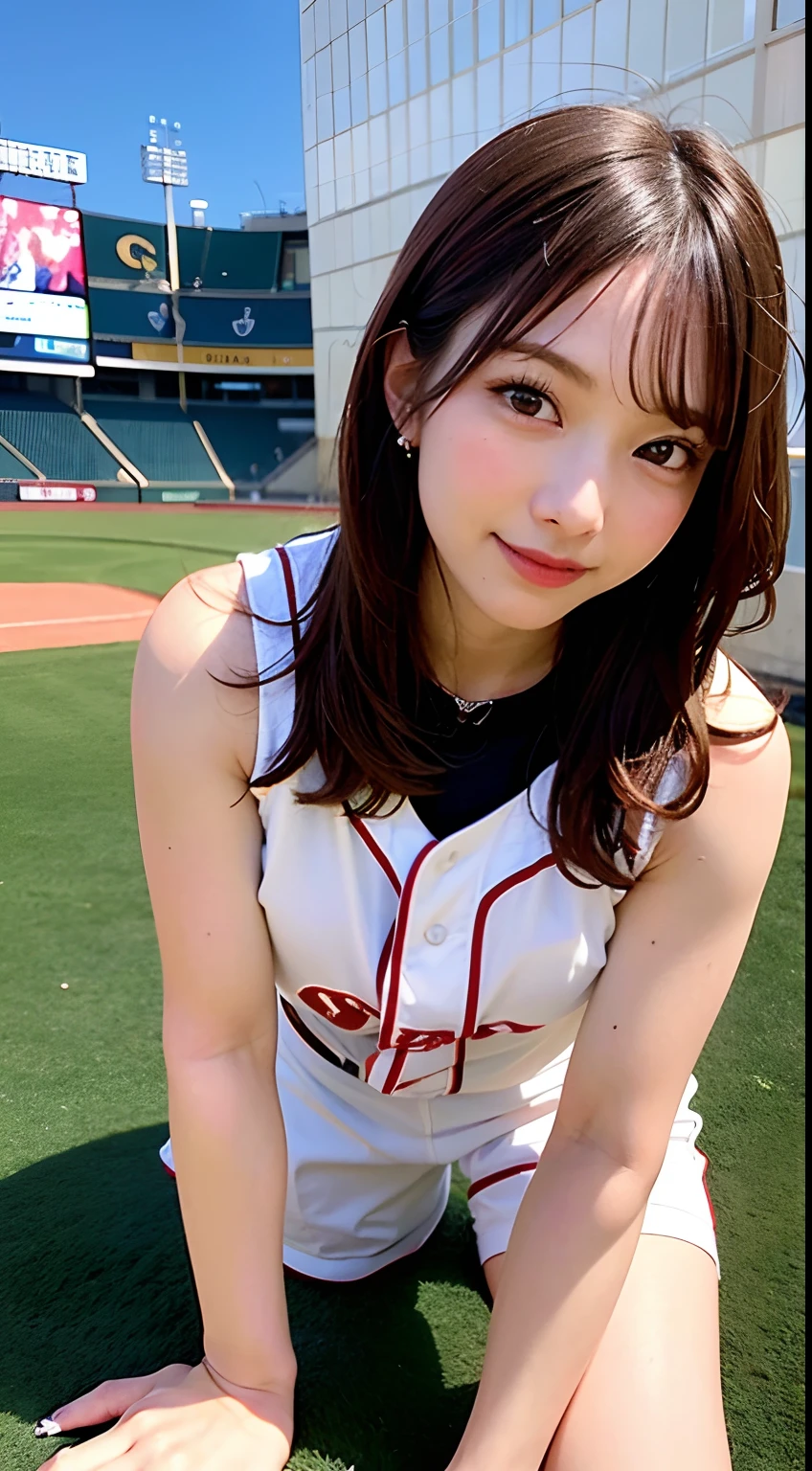 (8K, Raw photo:1.2)Detailed face and eyes,Best Quality, 超A high resolution, Highly detailed ,intricate detailes ,masutepiece ,Cute little girl s, (8K, Raw photo, top-quality, masterpiece: 1.2), masterpiece, super detailing, Ultra-high decomposition energy A, (Realistic and realistic photos: 1.37), high-definition RAW color photography, Very delicate and beautiful., About Igree, 8K Wallpaper, astonishing, detaileds, extremely detailed eye, highlydetailed skin, extremely detailed fingers, highly detailed nose, highly detail mouth, perfect anatomia,1girll, (Baseball Uniforms), hazy, blured background, Blurred foreground, blush, braid, pectoral muscles, depth of fields, eyebrows visible through hair, Frild, hair between eye, Baseball Stadium, jewely,Please wear baseball gloves、 look up at viewer, Short hair, Sitting, Solo, Colossal tits、乃木坂アイドル、韓国アイドル、hposing Gravure Idol、 Star、18year old、tall、韓国アイドル、乃木坂アイドル、 Star、hposing Gravure Idol、((full body Esbian)), ((Gravure Pose))