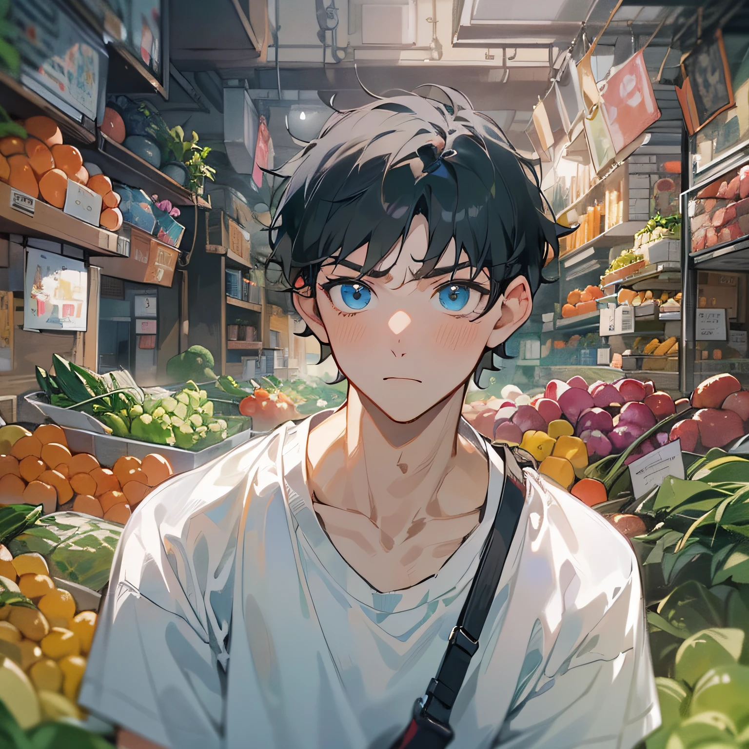 ​masterpiece、hightquality、20 year old man with short black hair and blue eyes、Like a cartoon in Japan、wearing white t-shirts、(Alone:1.5)、(serious facial expression:1.1)、(Close-up of your face:1.3)、(Only the upper body is shown.:1.3)、The background is a greengrocer、Bold composition、