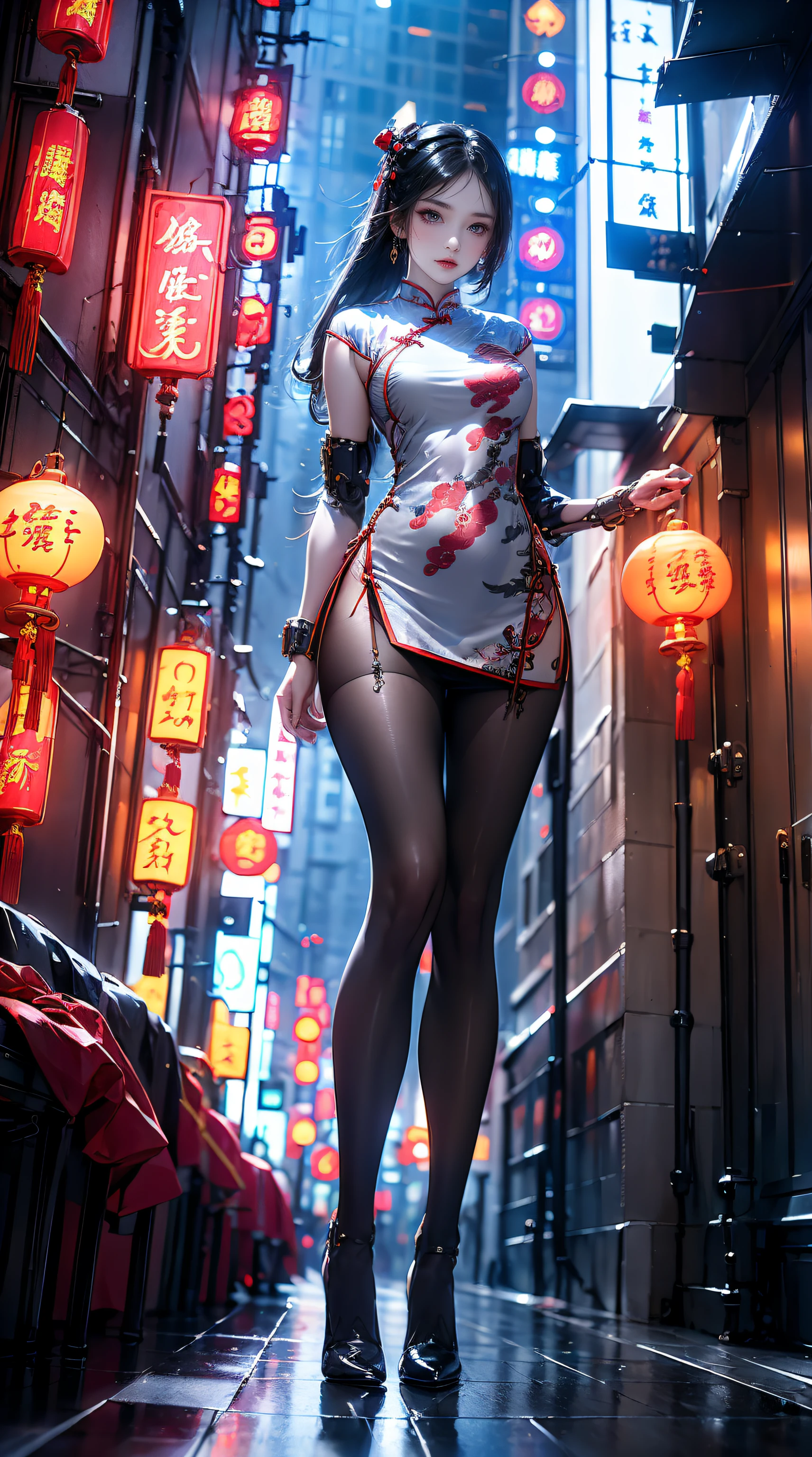 tmasterpiece,Best quality,A high resolution, 1 plump girl,from below,(The legs are very thin and straight)，,(The legs are long，Straight legs),,high-heels,long leges,Stood up, Leg length when viewed from the front, perfect body figure,Have perfect legs,(luring)，Full body lesbian，cyber punk personage，dynamicposes，1 plump girl，Elaborate Eyes，Brown eyes，eye shadows，putting makeup on，Long gray hair， Detailed faces， A detailed eye， looking at viewert， blush blush\（putting makeup on\）， full pouty lips， Redlip，（Long gray hair：1.3）， （Stood up）Mechanically static，Mechanical summoning，(hair adornments:1.1)，Hats，((((Red cheongsam))))，(blackstockings，pantyhose garters)，城市，Luminescent windings，glowing butterflies，Cyberpunk lights:1.1)，neonlight，Fully mechanical and futuristic elements，technologies，The background is a traditional Chinese street，china city， the street， sky sky， cyber punk personage， paper lanterns， Neon Super Resolution，（真实感：1.3），1（Slim：1.2），dramatic lights，vibrant detail，Luxury cyberpunk，the complex background，Rendered by Octane，