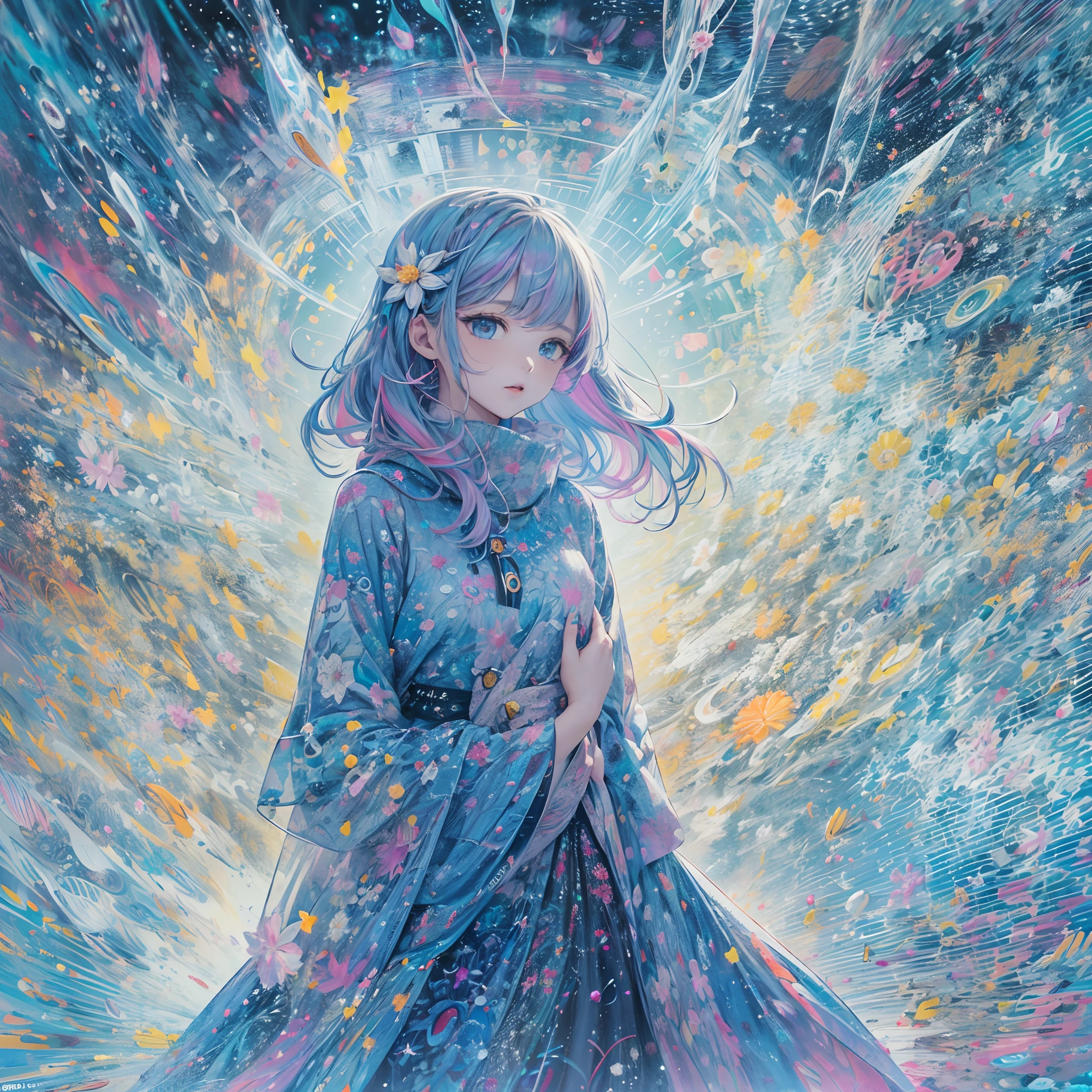 top-quality、masutepiece、1womanl、独奏、20yr old,(abstract art:1.4),(Psychedelia Theme:1.4),(Blue World)、There is a beautiful woman at the center of the world,A ray of light spreads,Snow and ice crystals spreading from the center,Diamond Dust,prisma