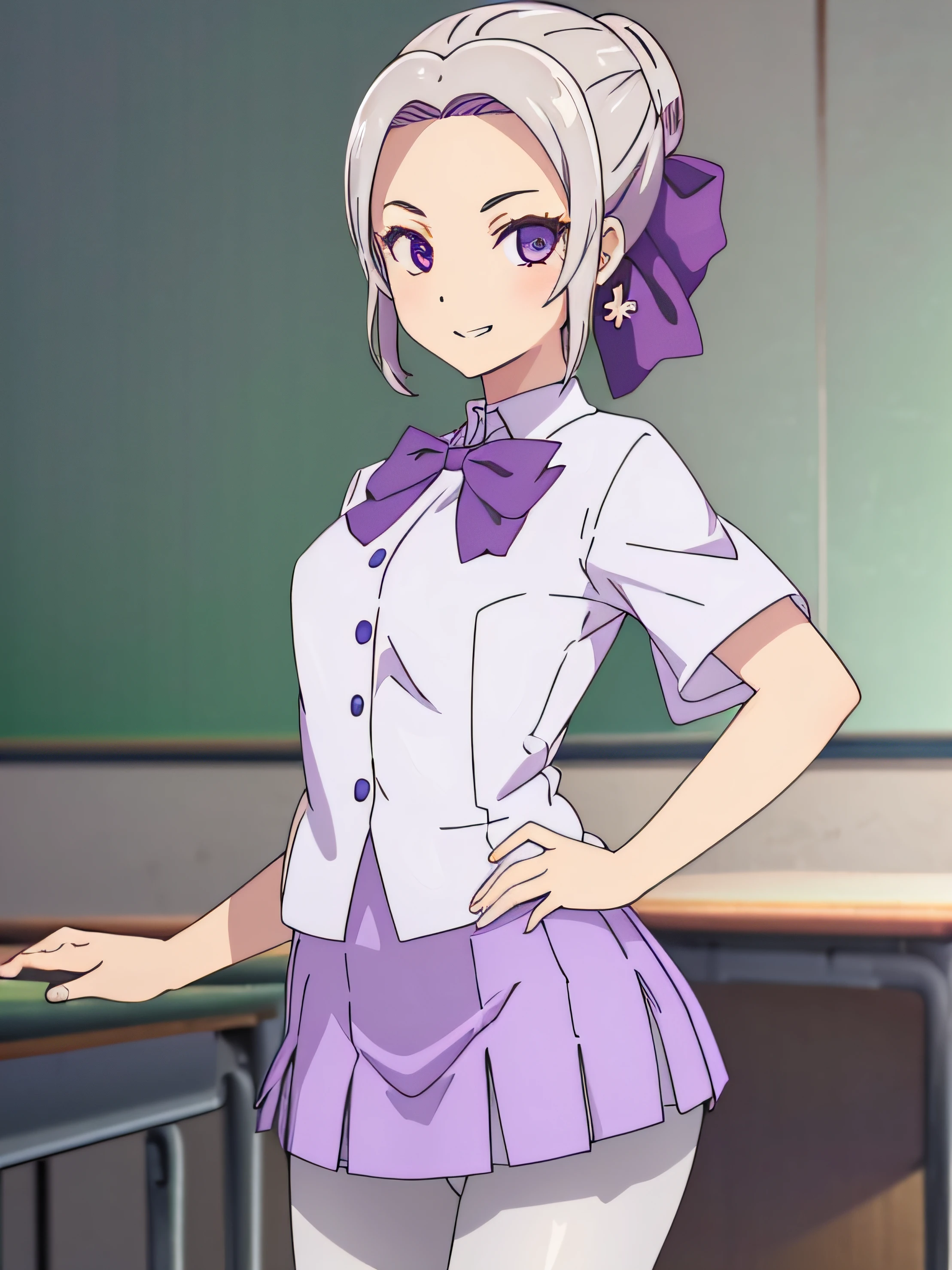 cowboy shot,smile,
1girl,purple bow,hair bun,purple eyes,grey hair,hair bow,short hair,sidelocks,
purple dress,purple thighhighs,buttons,short sleeves,Exquisite visuals, high-definition,masterpiece,best quality,, Exquisite visuals,high-definition,masterpiece,best quality,18yo,Young female,Beautiful Fingers,Beautiful long legs,Beautiful body,Beautiful character design,white panties, hight resolution、high-level image quality、Real live-action、(8K, top-quality, ​masterpiece:1.2), (realisitic, Photorealsitic:1.37), ultra-detailliert, 1 girl in、18-year-old adult beauty、White lace material panties、Detailed panty patterns、panties focus、Tiny panties、full body Esbian, outside of house, (((Beautiful alignment and snow-white teeth)))、(Adjusted hair:1.5) Officelady, Black Office Blazer, Office Skirt, (panthyhose: 1.2)、(Short button-down shirt:1.2)、Button Up Color Prim、Button Down Color Prim、bura、(panthyhose:1.2)、Alpha Layer、high-heels、earring beautiful、cute little、独奏、Beautiful detailed sky、(A smile:1.15)、middlebreasts、Eyes in Beautiful Details、Business attire、（short-hair：1.2）、Floating Hair NovaFrogStyle、ulzzang-6500-v1.1, (Raw foto:1.2), (Photorealistic:1.4), beautiful detailed woman, very detailed eyes and face, Beautiful detailed eyes, Ridiculous, Unbelievably ridiculous., huge file size, A highly detailed, high resolucion, Very detailed, Best Quality, Masterpiece, Chemomimi, (((Japanese High School Uniform:1.3))), ((miniskirt:1.3)), Illustration, Very detailed, BAPV, integrated, 8K wallpaper, amazing, Fine details, Masterpiece, Best Quality, Highly detailed YTD uniform 8k wallpaper, light on the face, Cinematic lighting, (((1Girl))), 20yo, (((Dynamic Pose))), (camel toes), (((school classroom))) (standing posture), ((Pantyhose)), ((White panties)),
