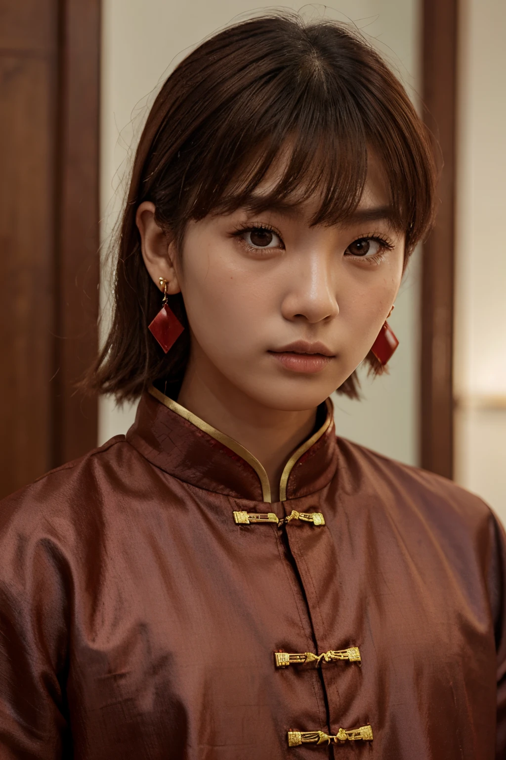 Chongyue, 1boys, bangs, brown_Hair, Chinese_clothes, Close-up, Closed_Mouth, Red earrings, Looking_at_peeping at the viewer, Male_Focus,Red_Eyes, Solo