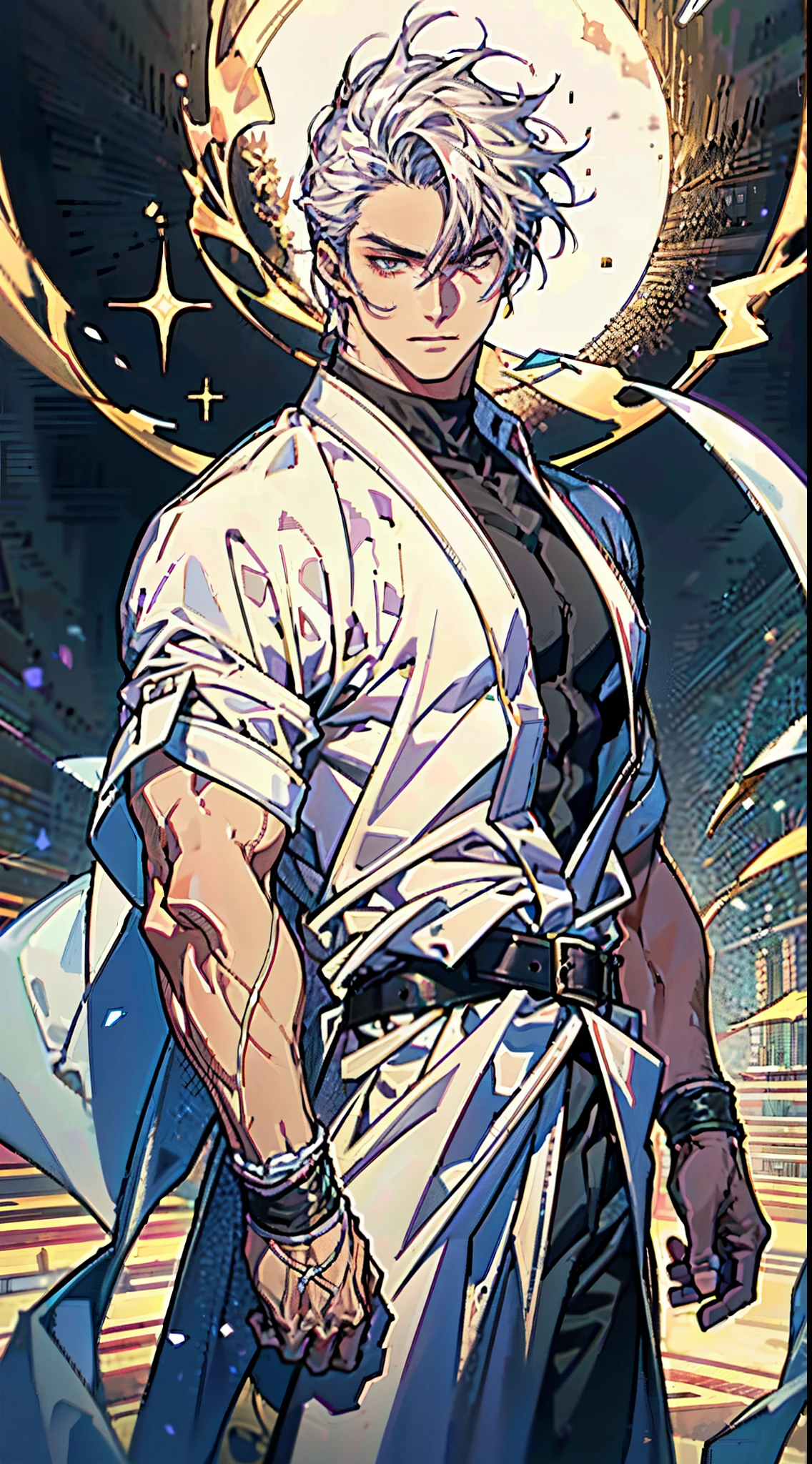 A young man, dense black-gold long hair, standing tall with upright hair, a majestic countenance, confident gaze, a scar under the eyes, a hearty smile, a fantasy-realistic tattered half-length martial arts outfit, short-sleeved, open-front robe revealing muscular physique, a coarse cloth belt around his waist, coarse trousers, towering and robust figure, he stands proudly, a glowing dark purple energy aura, the background depicts a black-and-white sky forming a yin-yang symbol, this character embodies a finely crafted fantasy-realistic martial artist in anime style, characterized by an exquisite and mature manga illustration art style, high definition, best quality, highres, ultra-detailed, ultra-fine painting, extremely delicate, professional, anatomically correct, symmetrical face, extremely detailed eyes and face, high quality eyes, creativity, RAW photo, UHD, 8k, Natural light, cinematic lighting, masterpiece-anatomy-perfect, masterpiece:1.5