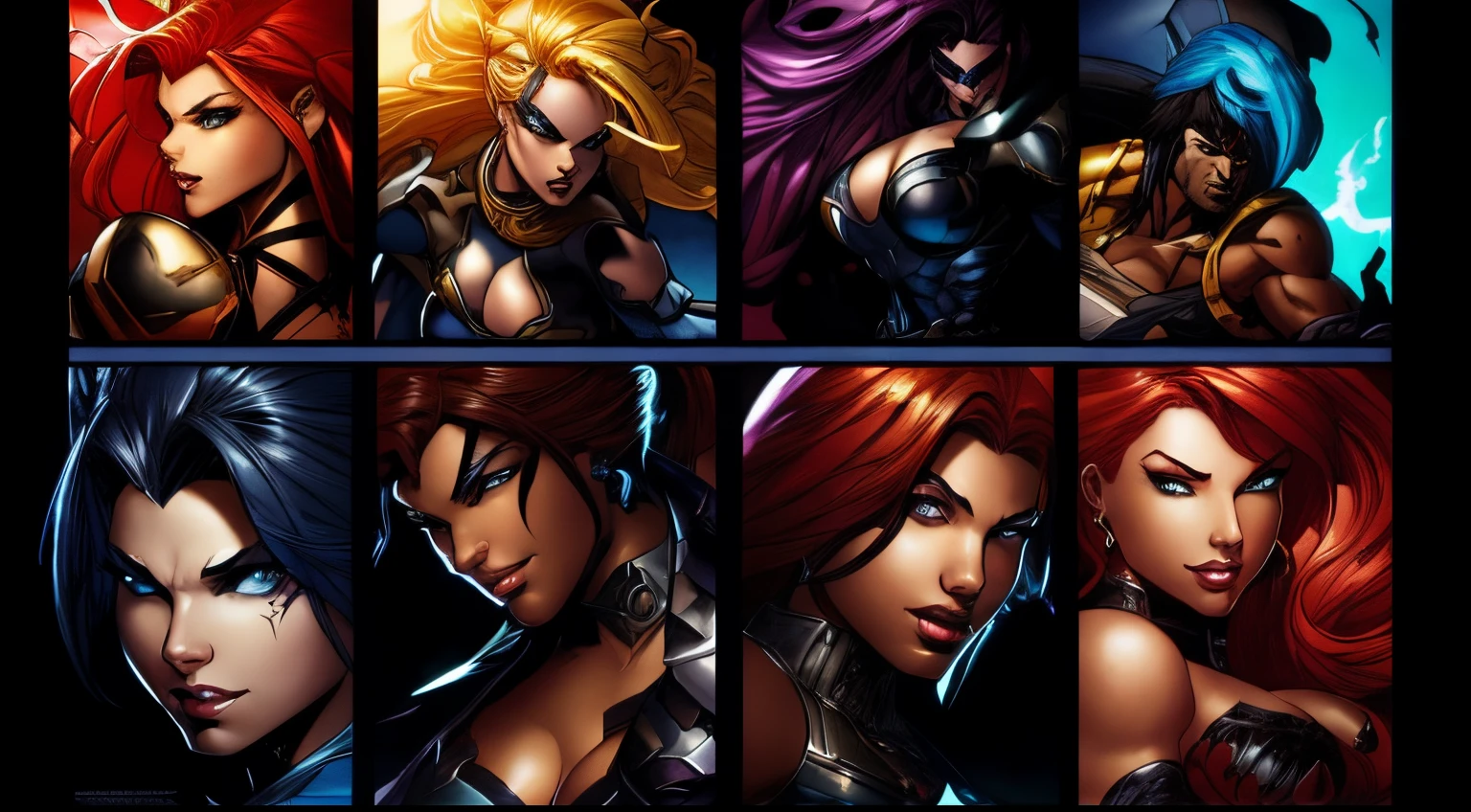 Glamour video game characters portrait by Joe Madureira, comic art, multi-panel compositions, uhd image, matte background, vibrant comics, strong contrast between light and dark.