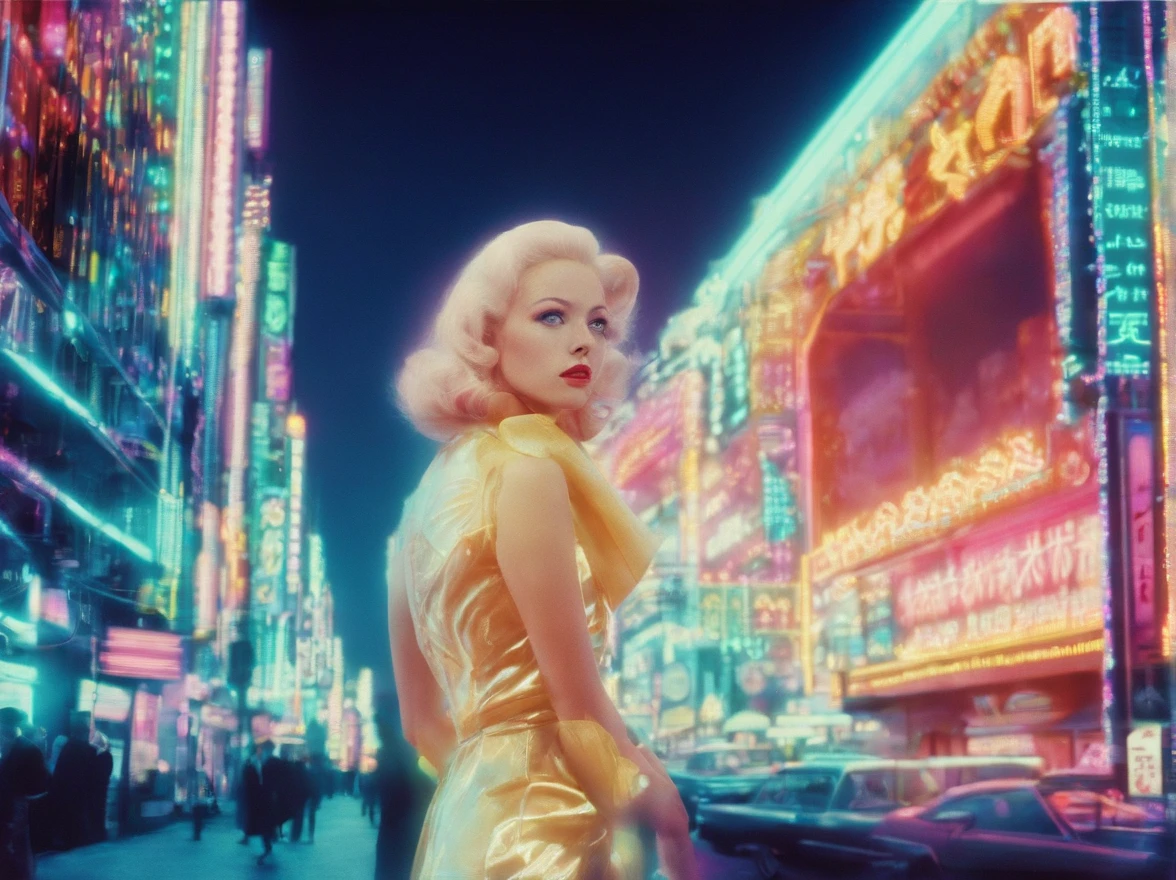 diana frost beauty, Inside the city,flash photo, Norinobu Shinoyama, play with light and shadow, Excessiveness, Surreal details, surrealist style image,run around