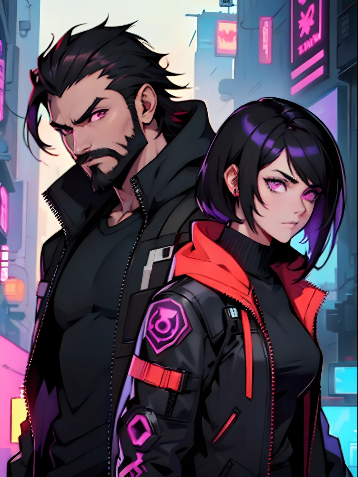 Couple, A brown, strong, muscular, cyberpunk, stylish man, red eyes, fire, very short black hair, and a beard. And a cyberpunk woman, gamer, programmer, medium black hair down to her shoulders with purple tips, purple eyes.