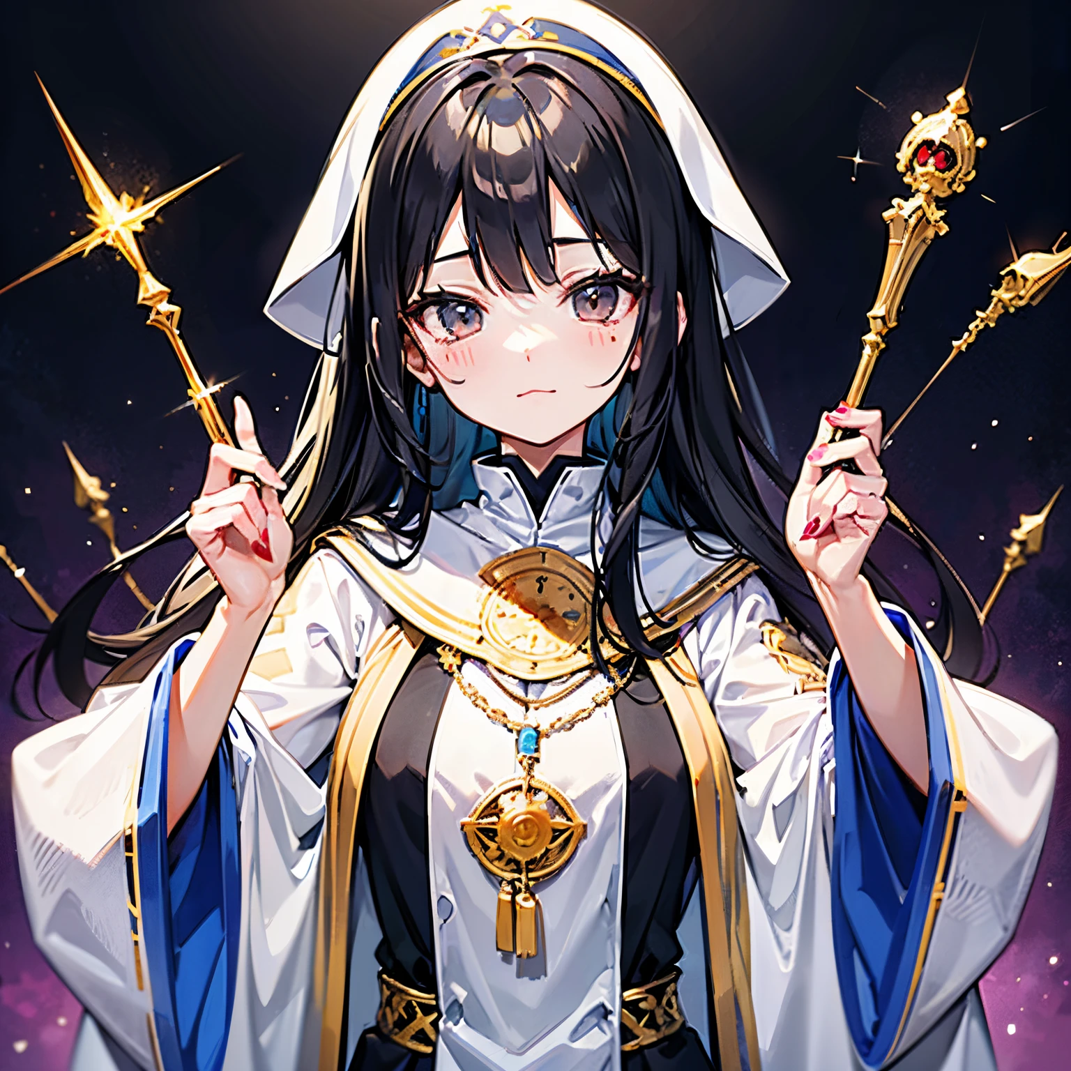 teens girl　Black hair　Priestess costume　bill　Exorcism Stick　kawaii faces