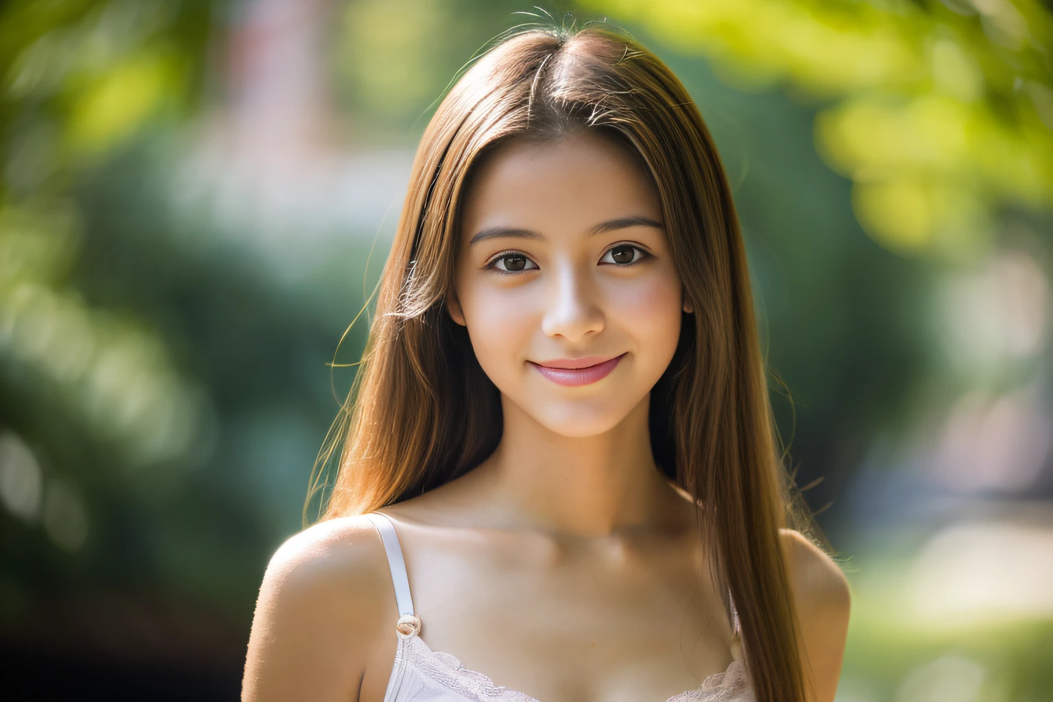 ((1 Spanish  girl)), Ethereal beautiful, slim, Petite, Soft light, ((David Hamilton Style)), closeup picture, masutepiece, Best Quality, Photorealsitic, 8K, High resolution, Detailed skin, 8K UHD, Digital SLR, Soft lighting, High quality, Film grain, FUJI XT3, Full body, In the park, standing,　Photo from the waist up、( cute bra), smile, ((The background is Sagrada Familia))、