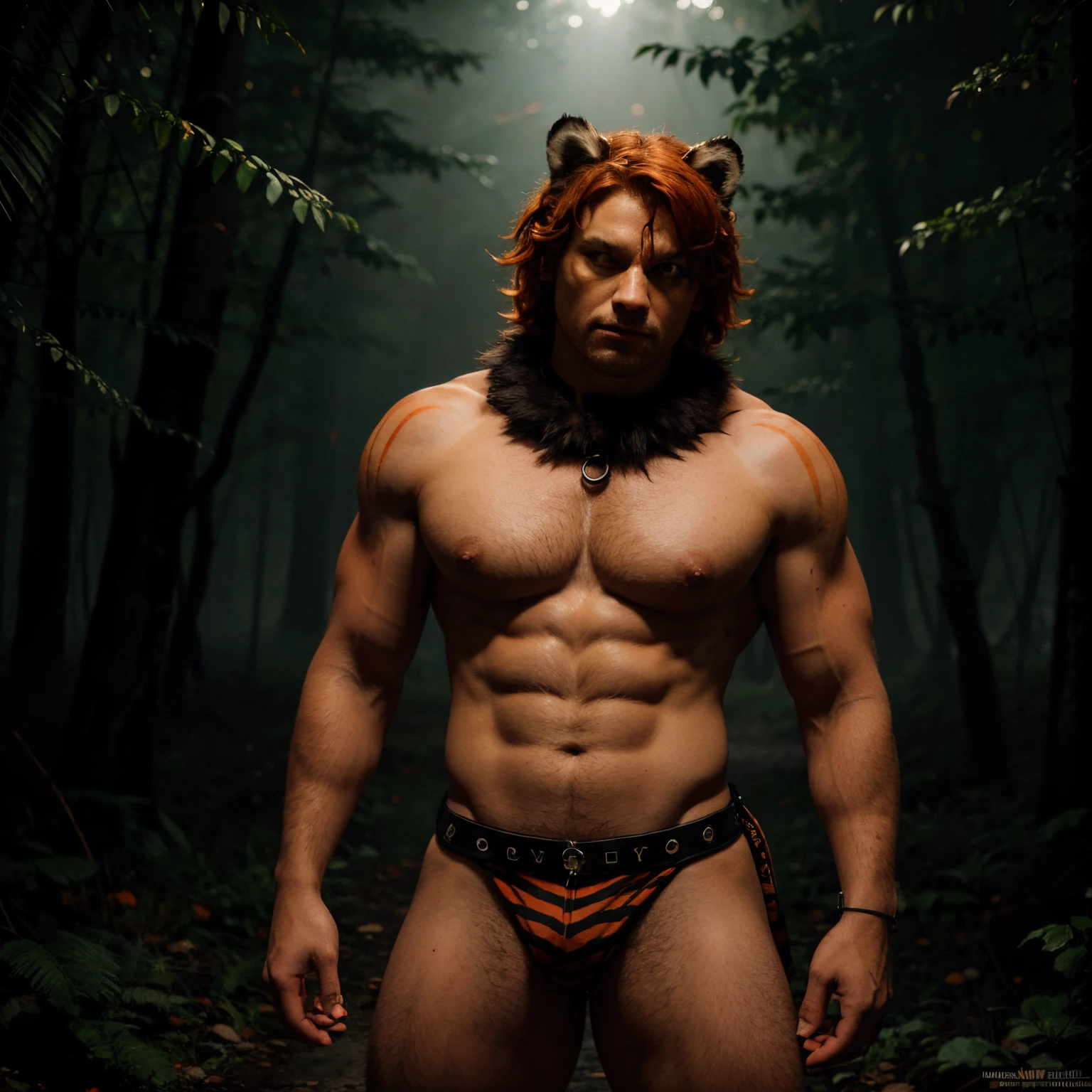 A grey anthropomorphic wolf with tiger orange eyes,furry fandom art style, curly orange and red hair, tiger stripes, emo, muscular, chubby, full body, digital art, thorn collar around the neck and wrists, background in a dense forest with a light mist on the night, red light mist, man, portrait, aggressive, close camera, seduction, NSFW