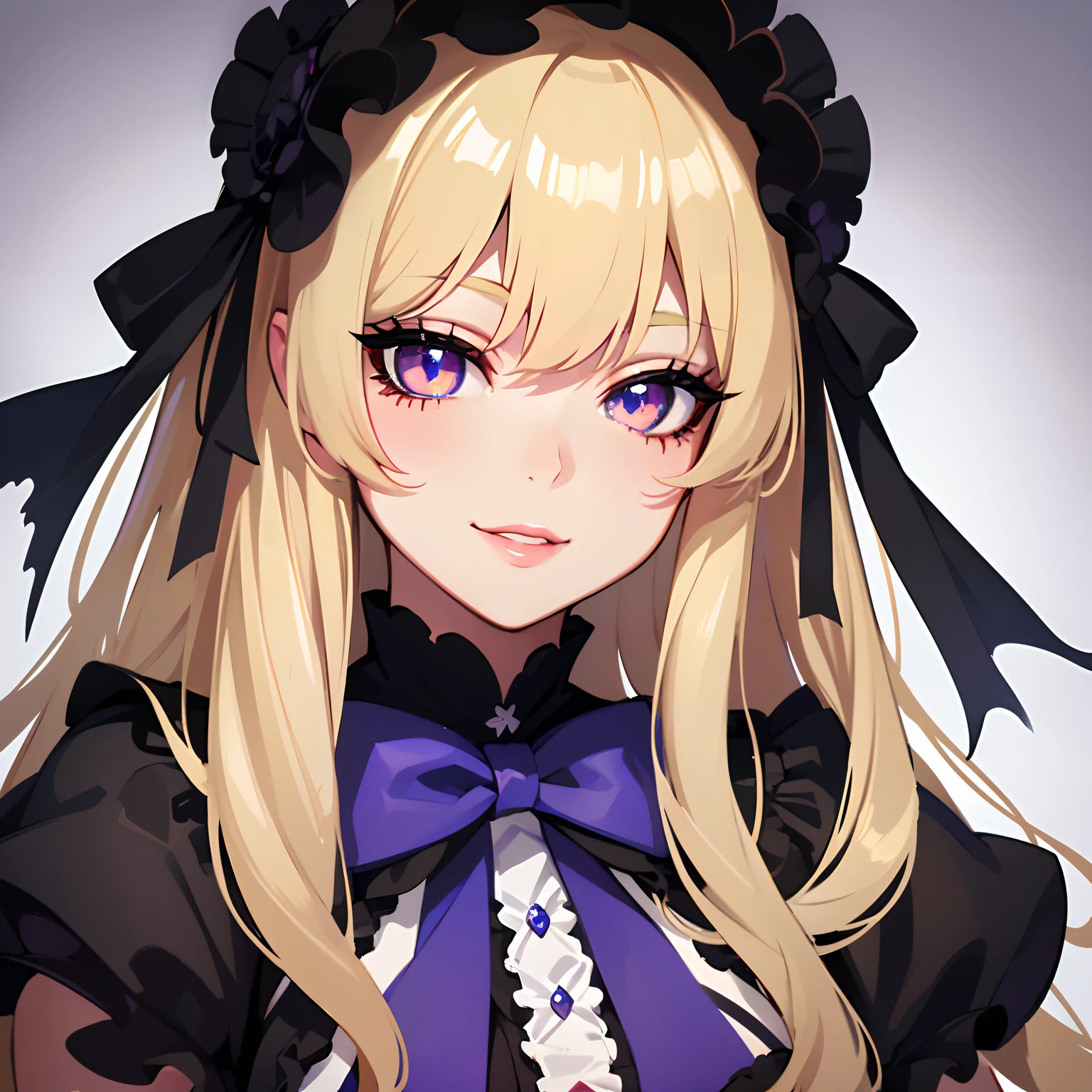 Blonde girl、long hair、straight hair、purple eyes、Wearing a black veil、black dress、Decolletage、lace dress、young girl、droopy eyes、gentle expression、Cheek smile、have flowers、detailed face、high resolution、In the sunshine、headdress、bangs